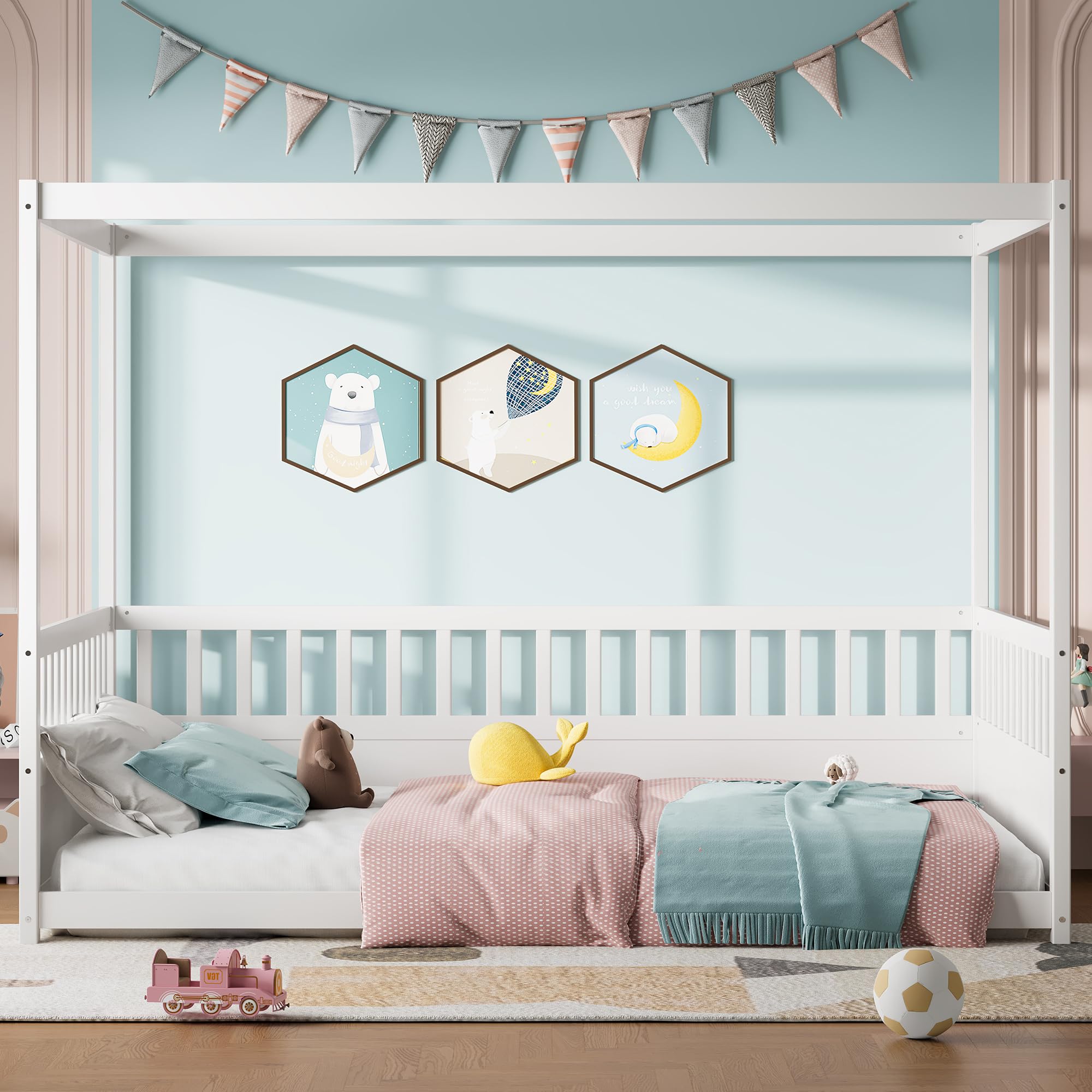 Full Size Canopy Bed Frame with 4 Posters and Guardrails