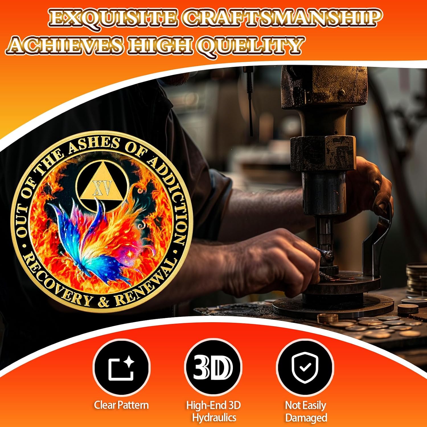Butterfly Fire 15 Year Sobriety Coin, AA Chip and Medallion for Women | Unique renewal recovery token features ashes of addiction quote, meaningful anniversary sobriety gift for sister and sponsor