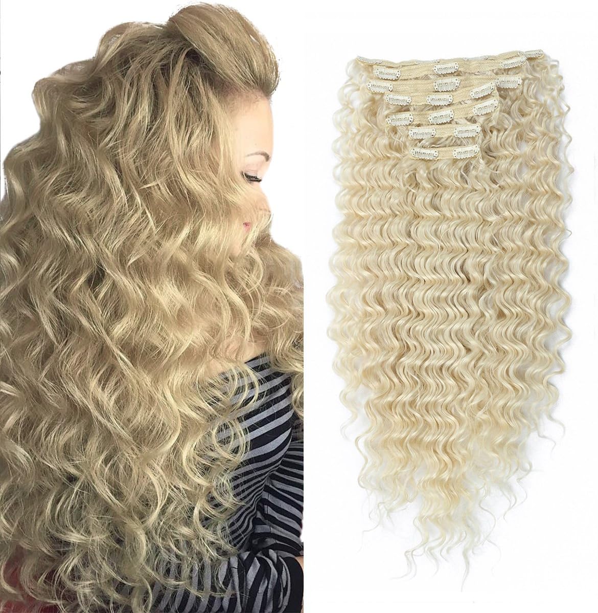 Synthetic Deep Wave Curly Clip in Hair Extensions Double Weft Full Head Heat Resistance Thick Deep Wave Clip In 7 Pieces (24inches, #613 Bleach Blonde)