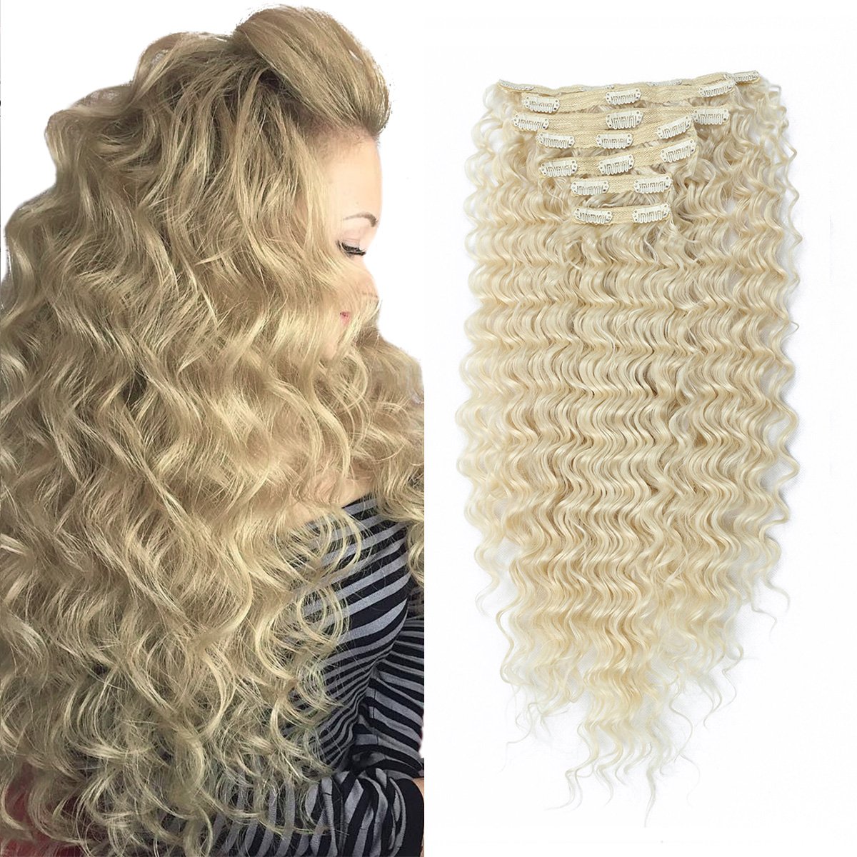 Synthetic Deep Wave Curly Clip in Hair Extensions Double Weft Full Head Heat Resistance Thick Deep Wave Clip In 7 Pieces (24inches, #613 Bleach Blonde)