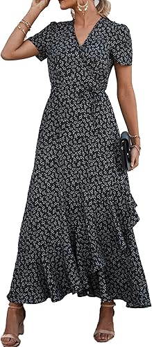 PRETTYGARDEN Women's Summer Maxi Dress Casual Wrap Floral Boho Short Sleeve V Neck Split Ruffle Beach Long Dresses