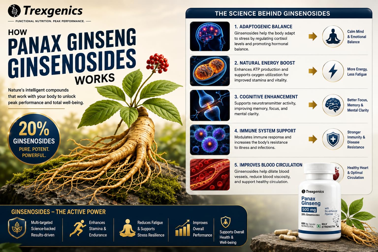 Trexgenics PANAX (Red/Korean) GINSENG 20% Ginesenosides 500mg Premium with Bio-enhancer Piperine 5mg Adaptogen, Immunity, Energy, Cognitive Function(60 Vcaps) (Pack of 3) 2