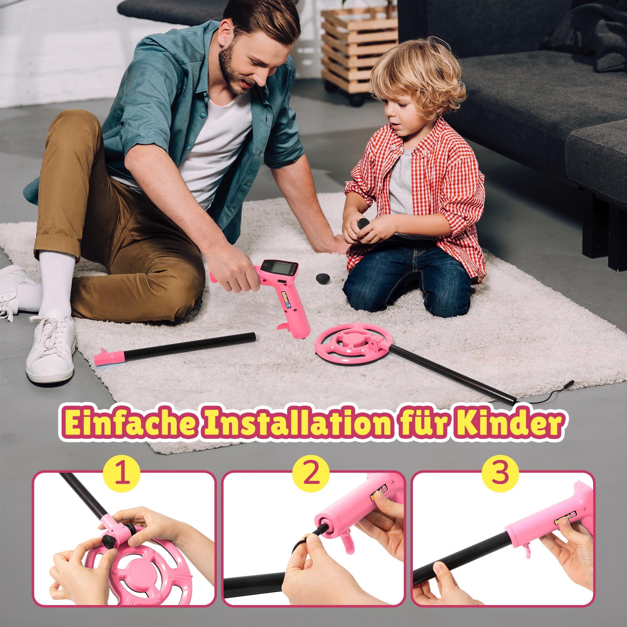 Metalldetektor Kinder, über USB Aufladbarer Kinder Metalldetektor mit Einfachem Display, 7,36" Plus-Suchspule, 24"-34" Verstellbare, Outdoor-Spielzeug für Kinder von 8 bis 12 Jahren, Rosa