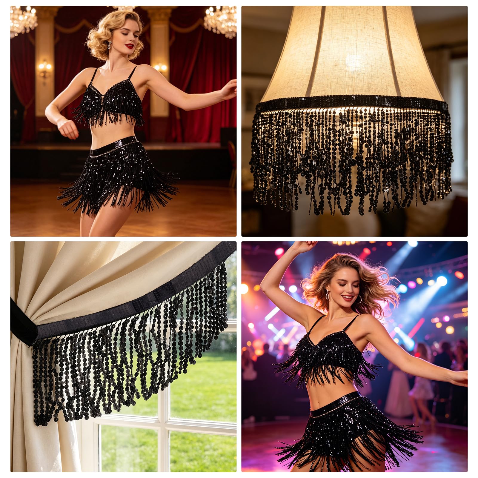 Ribete de Lentejuelas de 10 yarda Y 5.9 pulgadas, Cinta de Borlas con Lentejuelas Brillantes, Borla Decorativa de Lentejuelas Negras para Manualidades.