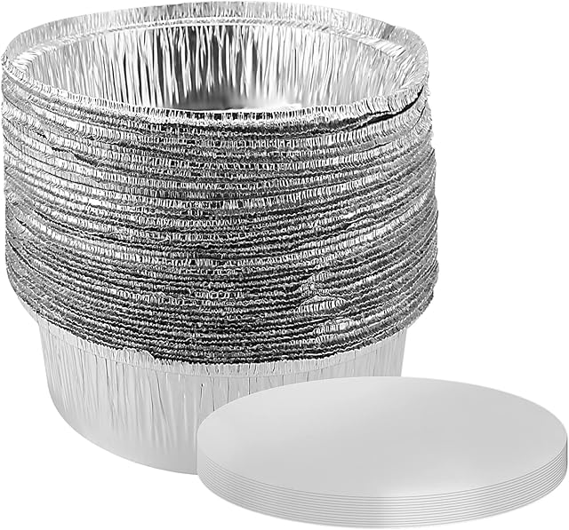 SINJEUN 40 Pack 8 Inch Round Aluminium Foil Trays, Tin Foil Pie Cases with Paper Lids, Aluminium Pie Pans Round Foil Pie Dishes for Pies, Flan, Quiche, Nachos, Roasting