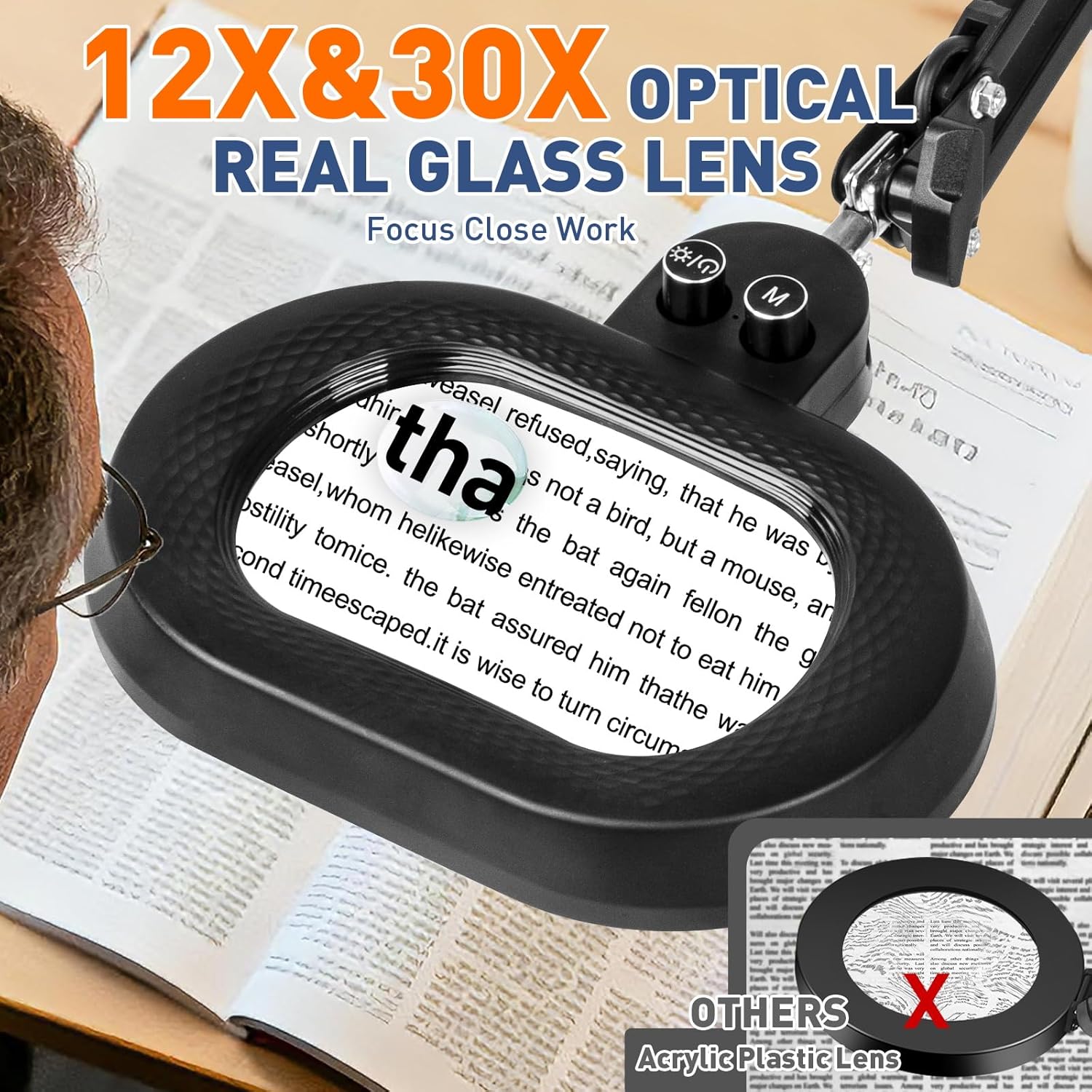 KIRKAS 12X&30X Magnifying Glass with Light Three-axis Rotation, Extra-Long Arm Magnifying Lamp for Workbench Sewing, Lighted Magnifier Real Glass Lens Stepless Dimming and Color(12X&30X Oval Clamp)