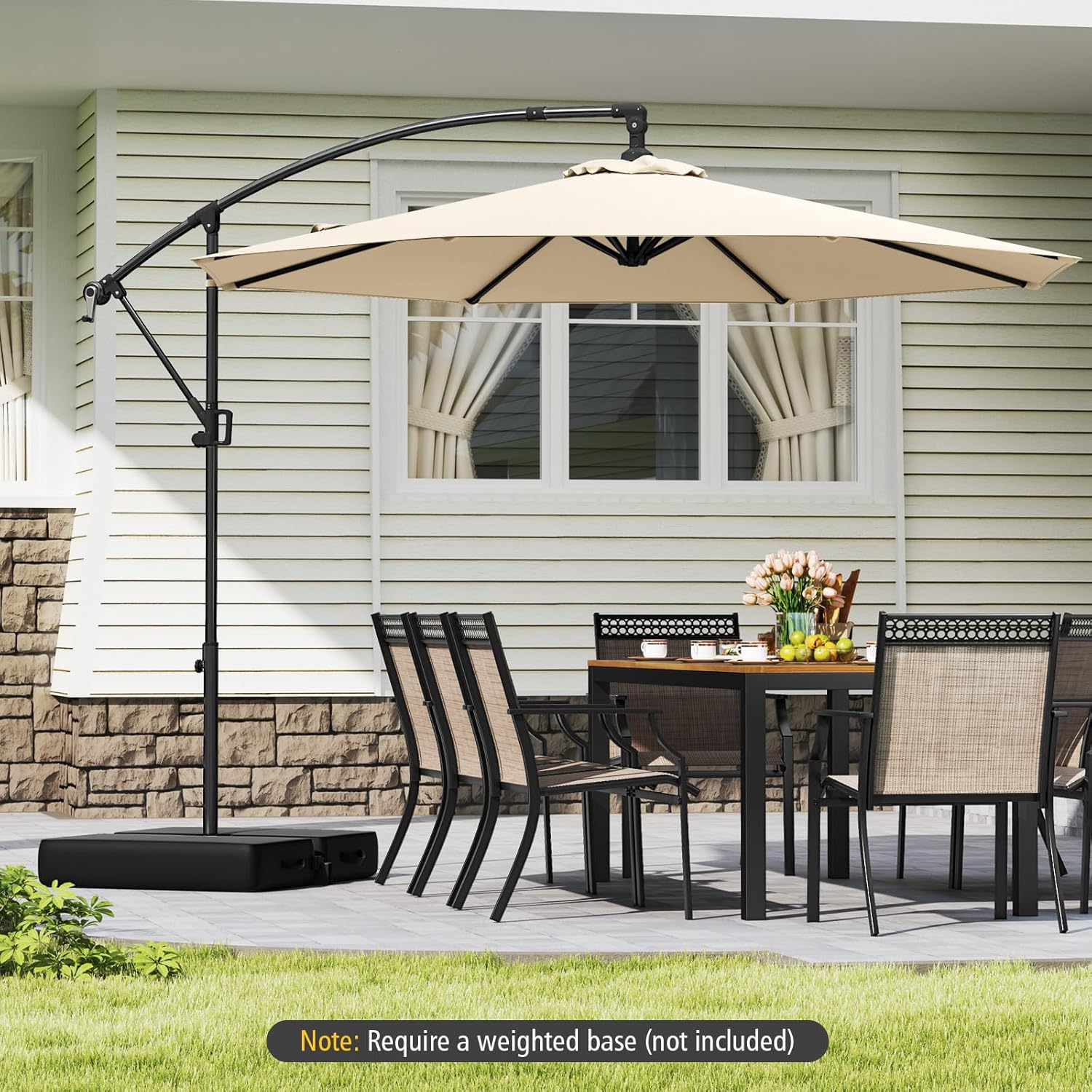 Tangkula 10 FT Patio Offset Umbrella, Hanging Cantilever Umbrella w/X-shaped Base & 360° Rotation, Smooth Crank Handle, Vented Top, Outdoor Market Umbrella for Backyard, Deck (Beige)