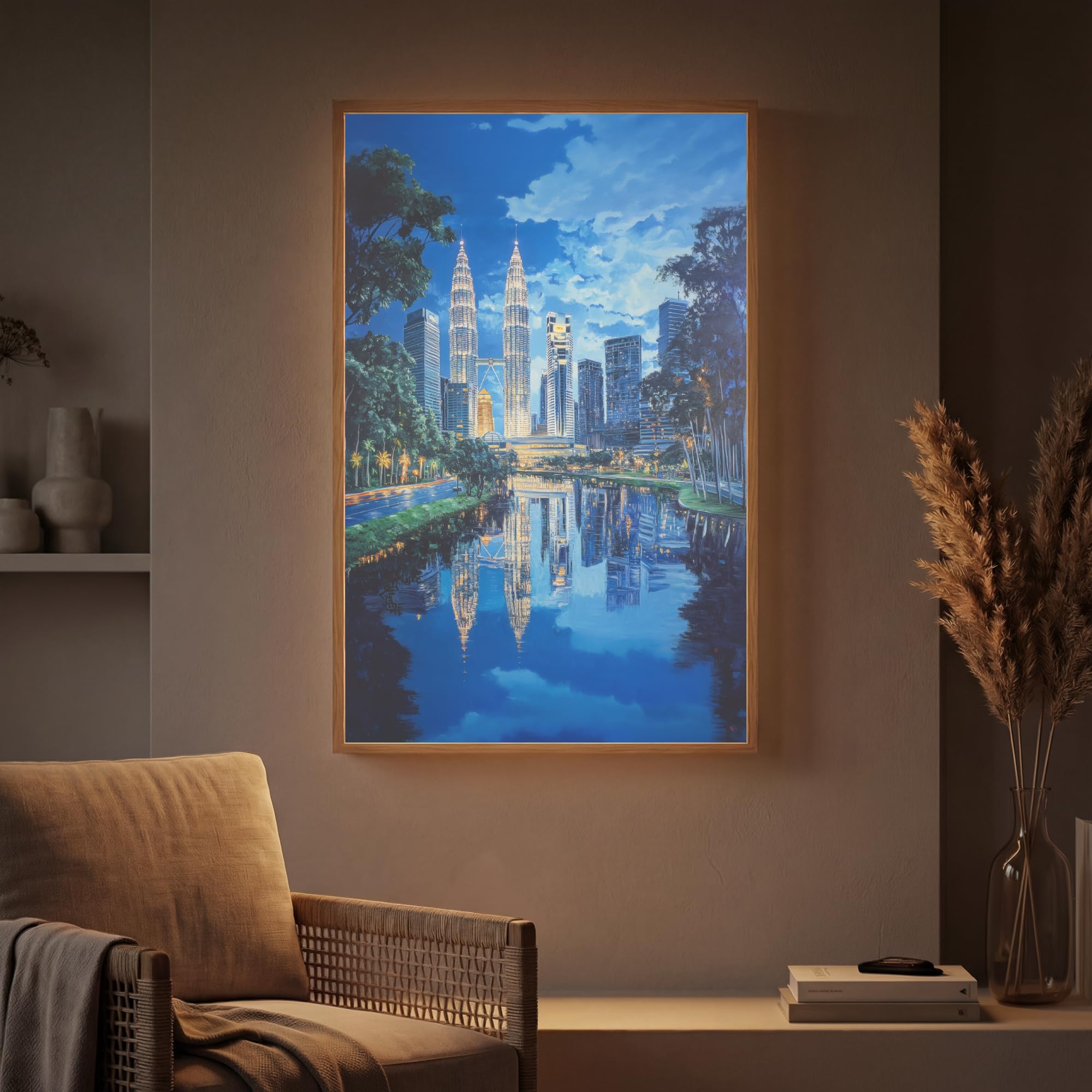 Moderne LED Wandleuchte Innen 60x90 cm Aufladbar Wandbeleuchtung Schlafzimmer Nachtlampe Flach Fernbedienung Warmes Still Licht Dimmbare Lampe Stadt Kuala Lumpur - Skyline - Wasser
