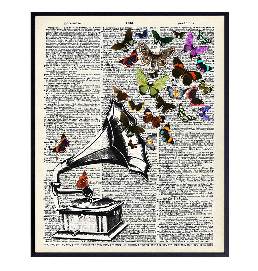 Butterflies Phonograph Dictionary Art Print - Vintage Upcycled Wall Art Poster - Unique Rustic Home Decor for Bedroom, Bathroom - Gift for Butterfly