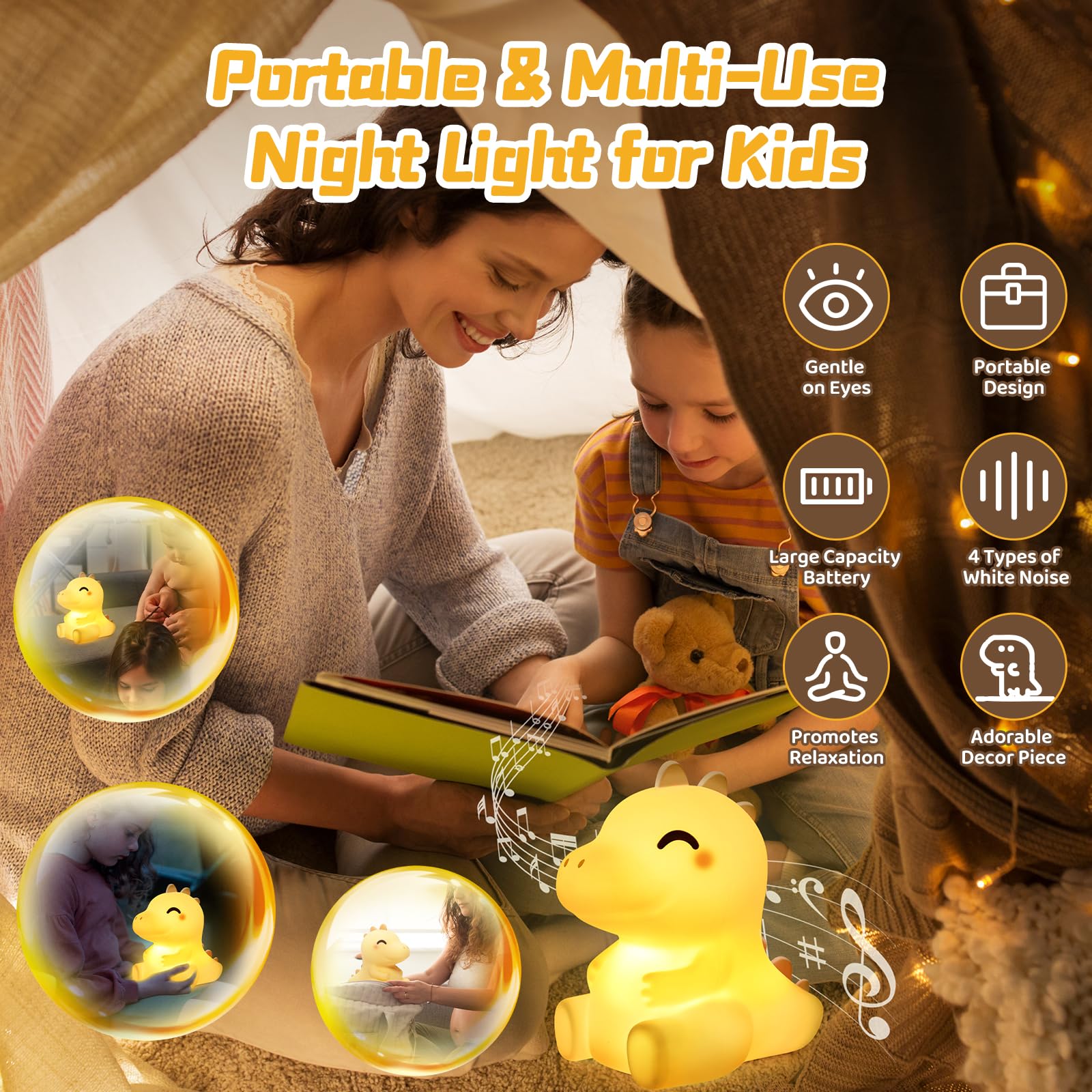 Mewaii Dino Nachtlicht Kinder, Silikon Dino Lampe mit 3 Helligkeitsstufen und 4 Weißrauschen, Wiederaufladbar und mit Langer Akkulaufzeit, Dinosaurier Geschenk Nachtlicht für Babyzimmer & Geschenke
