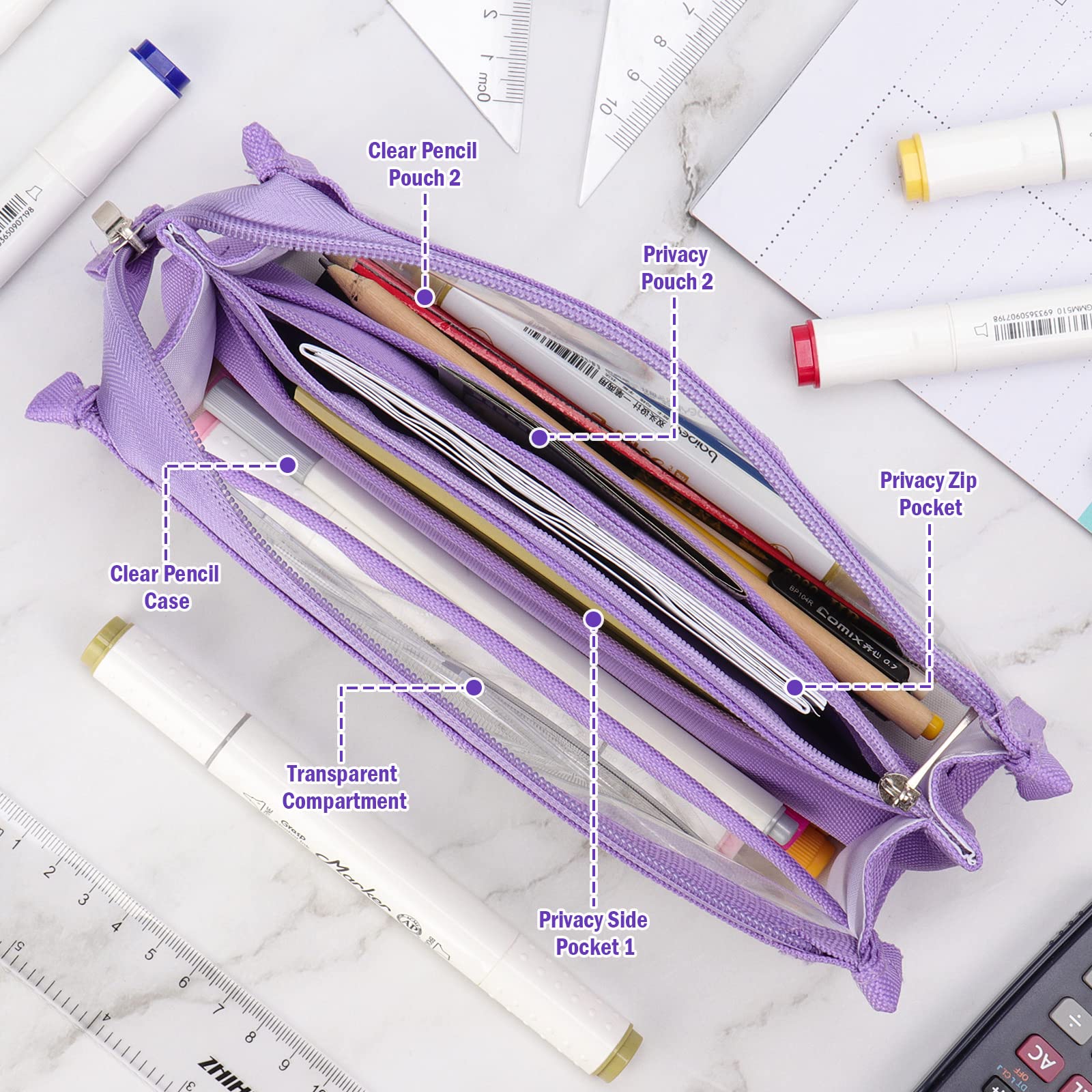 hoinya Large Capacity Pencil Case, 6 Compartments Transparent Pencil Pouch - Image 3