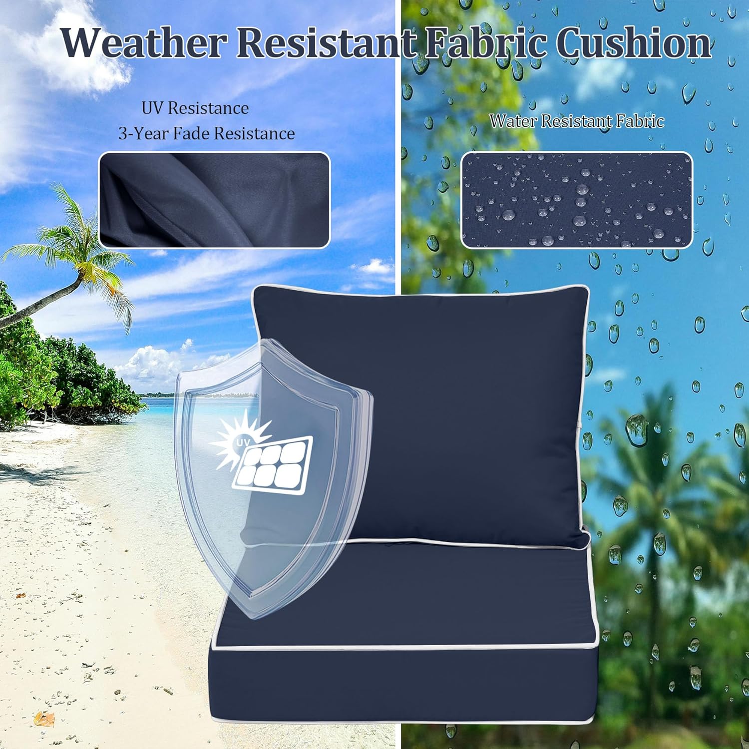 Outdoor Chair Cushion, 19 x 19 Inch Waterproof Deep Seat Patio Cushions Set of 2, Loveseat Cushions for Outdoor Furniture, 4'' Thick Patio Furniture Cushion with Handle Straps, Navy Blue