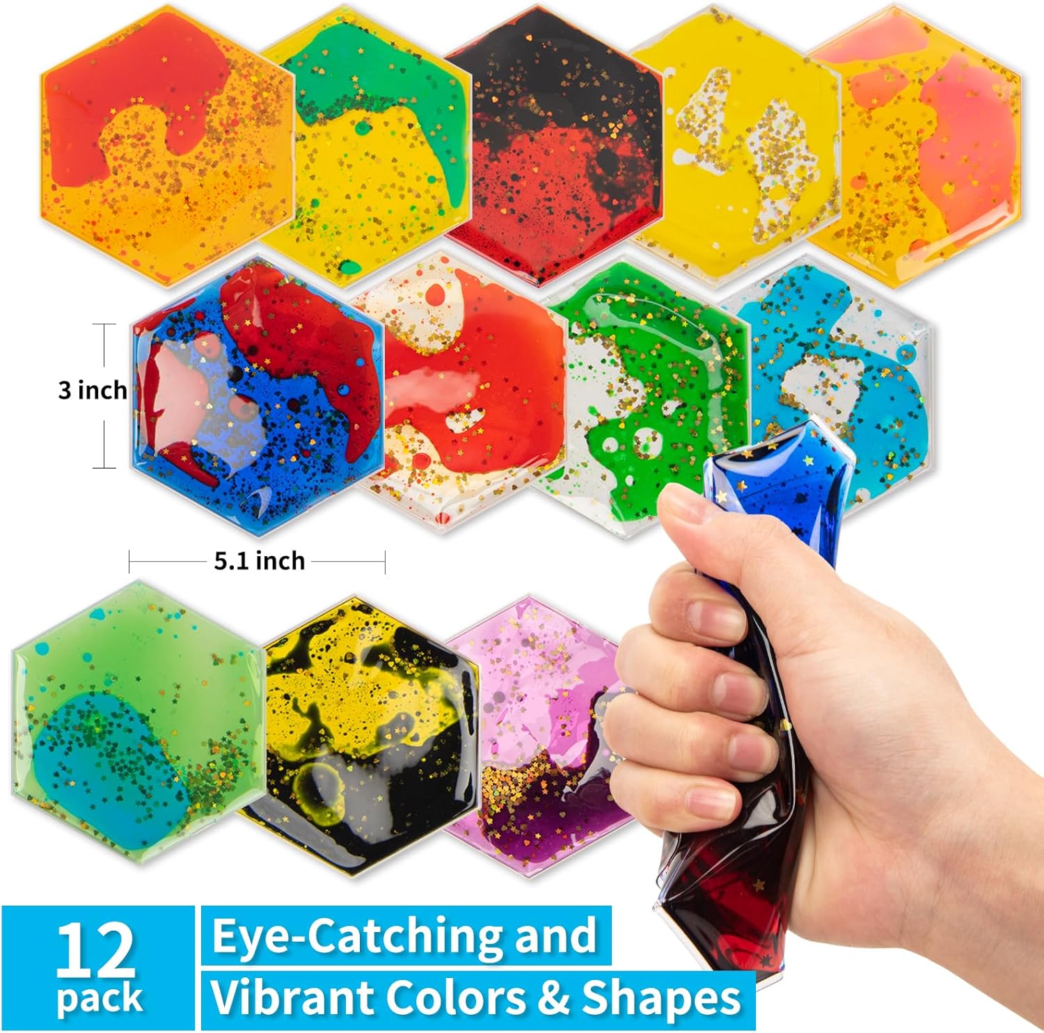 Art3d Hexagon Sensory Fidget Liquid Motion Tiles for Kids, Toddler, Teens - Interactive Soft Gel Liquid Play Mats for Home, Schools, Playrooms, Multi-Pack of 12 Tiles