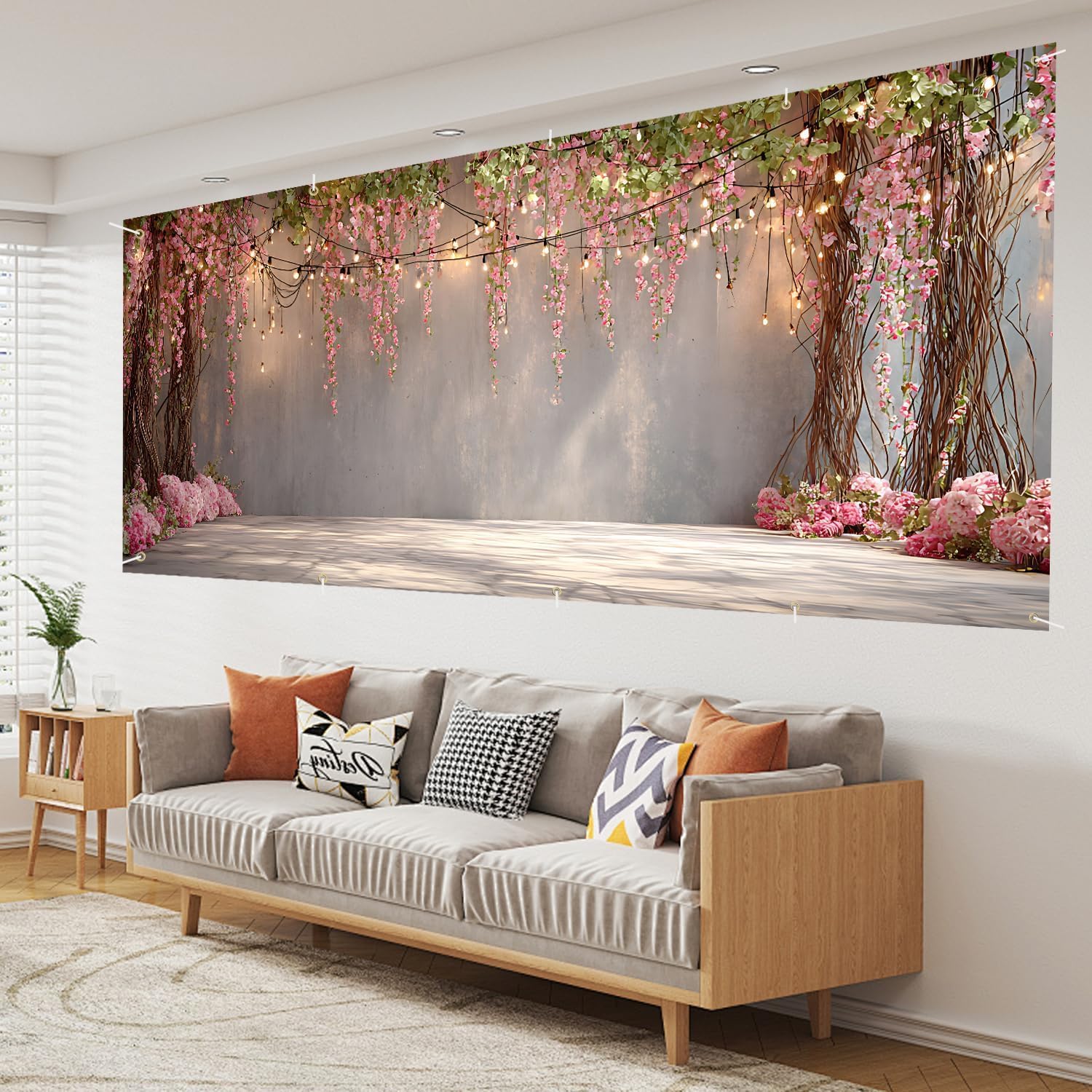 16x7Ft Romantic Pink Flower Vine Wall with Hanging Lights, Wedding & Party Garage Door Cover, Large 2 car Garage Door Cover Banner Decorations for Party,Home,Outdoor,Indoor