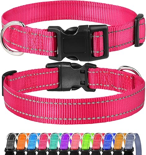 Collar de perro de nailon reflectante con hebilla de liberación rápida ajustable, colores sólidos clásicos de FunTags, Rosado