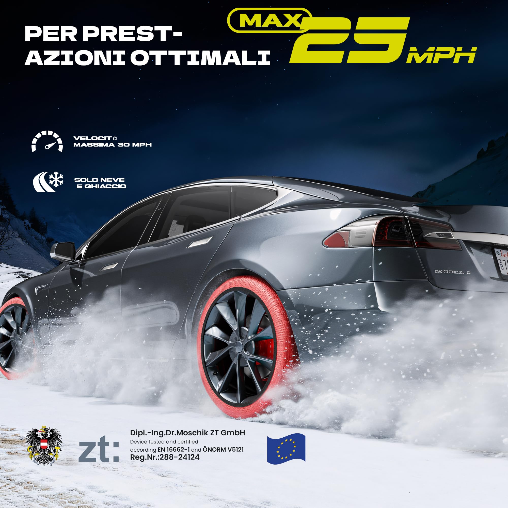 Calze da Neve Omologate Italia EN 16662-1 – Snow Sock, Set di 2 Catene da Neve in Tessuto per Auto, Catene Invernali per Auto, Rosso/Bianco (Rosso, XXL)