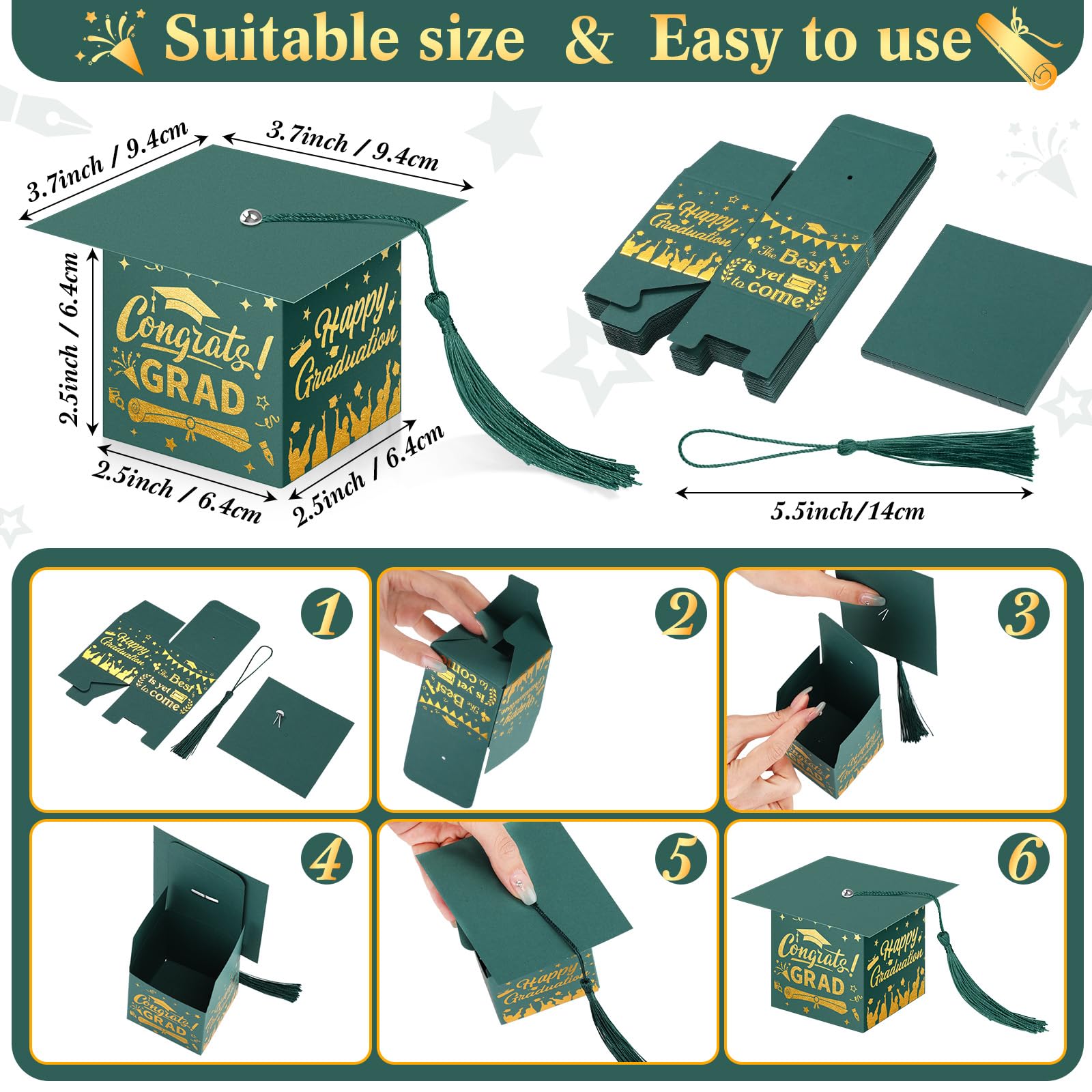 Crtiin 100 Süßigkeitenboxen Mit Quaste In Abschlusshut-Form: Ca. 6,4x6,4x6,4 Cm, Aus Karton Für Süßigkeiten, Kekse & Kleine Geschenke