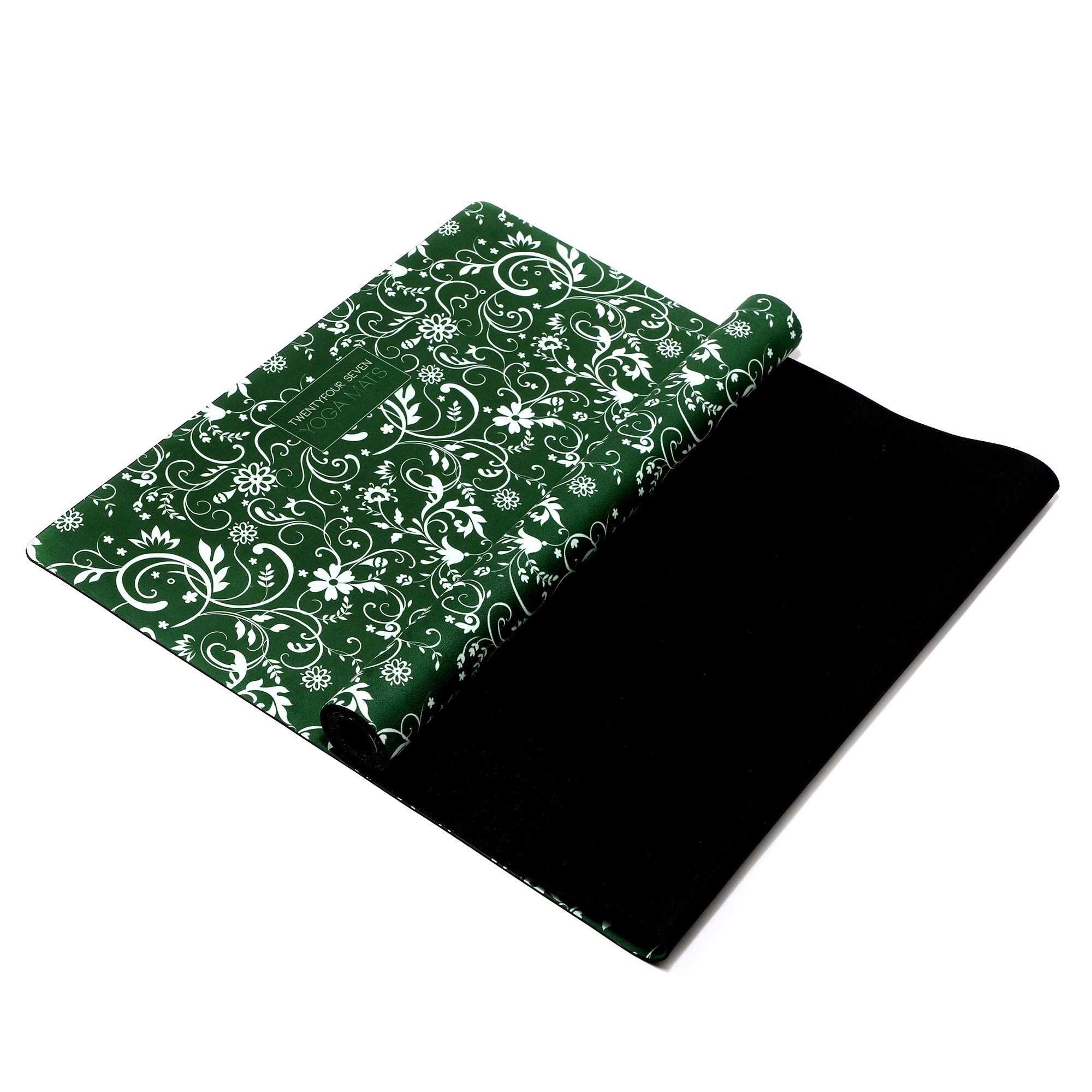 247YOGAMATS Esterilla de Yoga caucho y microfibra OLIVE FLORAL / 183 x 68 cm, 4 mm/Antideslizante/Apta lavadora/Yoga principiantes y avanzado/Cinta de transporte incluida
