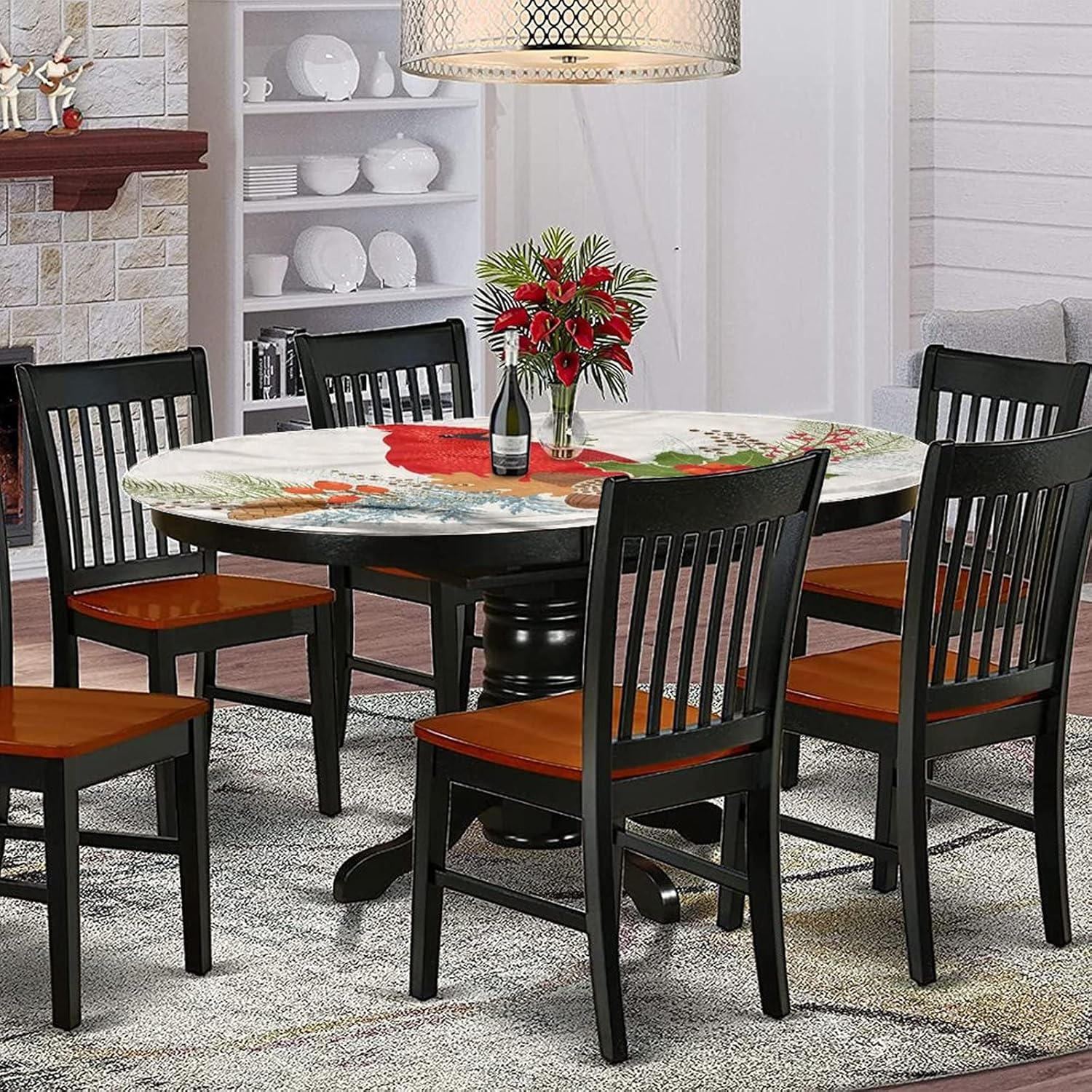 Oval Table Cover Fitted, Red Bird Elasticized Polyester Table Cover,Ornate Christmas Acorns Print Fitted Table Cloth, Fits Oval Tables up to 48" x 68", Kitchen Dining Buffet Tabletop Decoration