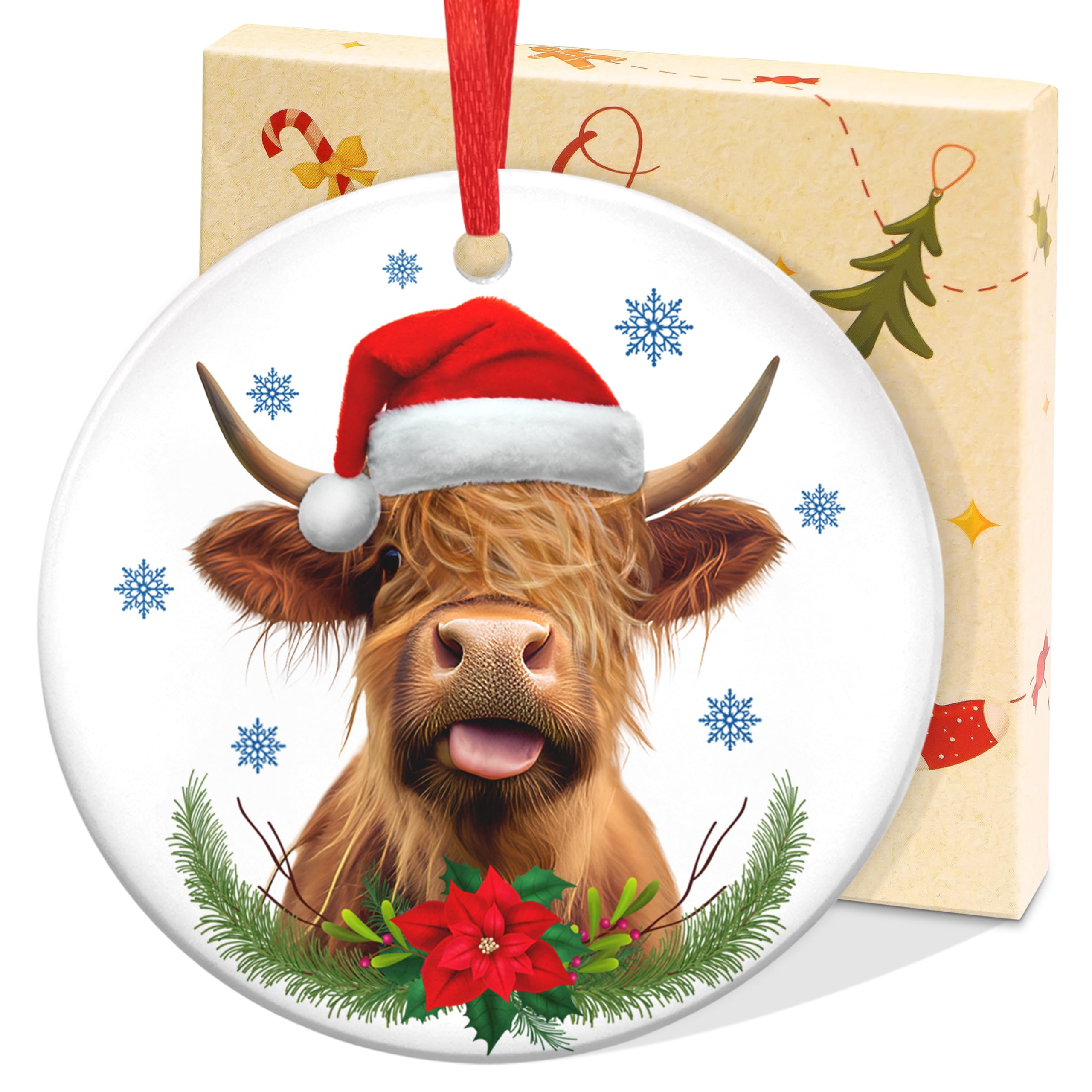 Highland Cow Christmas Ornament 2025 - Floral Crown Fluffy Cow Farmhouse Decor