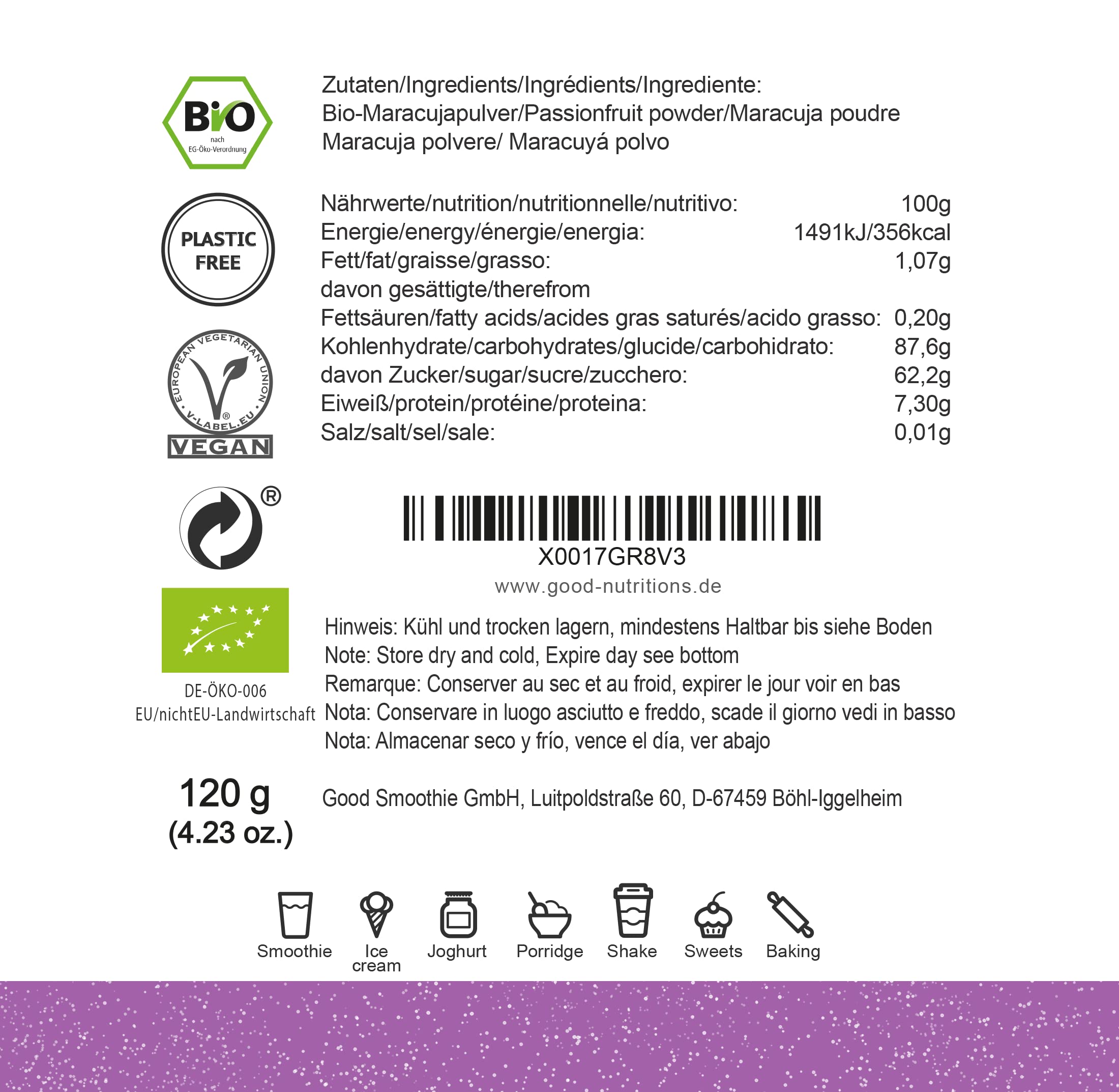 Poudre de Maracuja – Maracuja Bio Lyophilisée | Biologique | Fruits de la passion lyophilisés | bon-superfruit de bon-smoothie | 100% fruits | sans additifs + de nombreux ingrédients | 120g