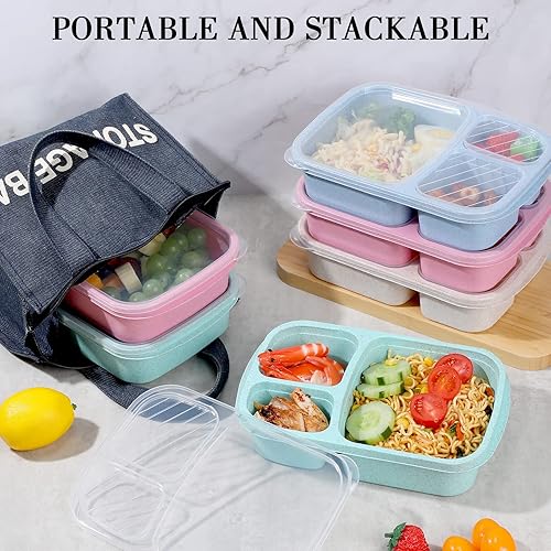 Miniatura 7 de Lonchera Bento de 20 piezas, recipientes de preparación de comidas de 3 compartimentos para niños, recipientes de almuerzo de paja de trigo,