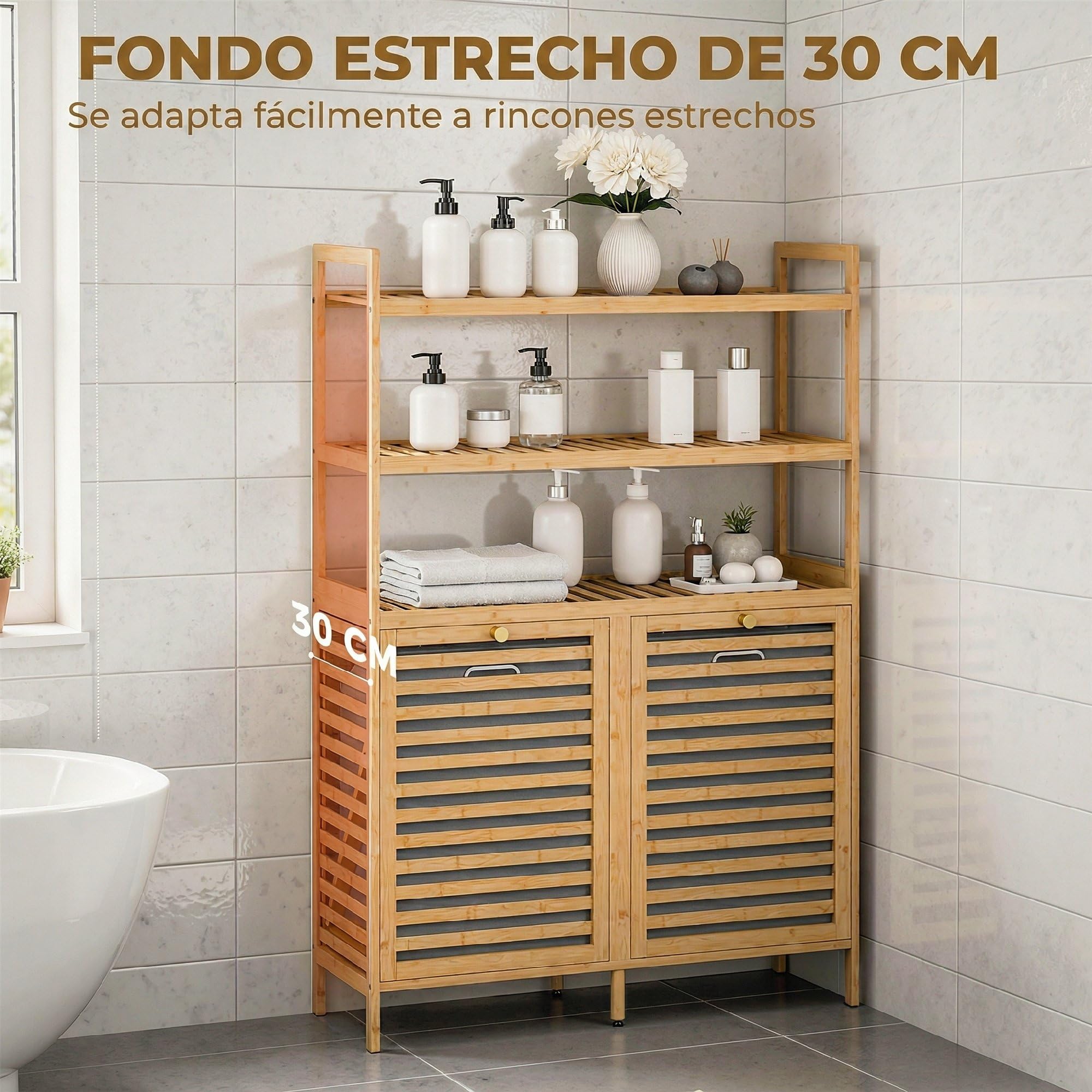 HOMCOM Mueble Ropa Sucia de Bambú, 2 en 1, Mueble de Baño con 2 Cestos para Ropa Sucia Inclinables 38,7 L y 3 Estantes, para Cocina, Salón, 80x30x118 cm, Roble