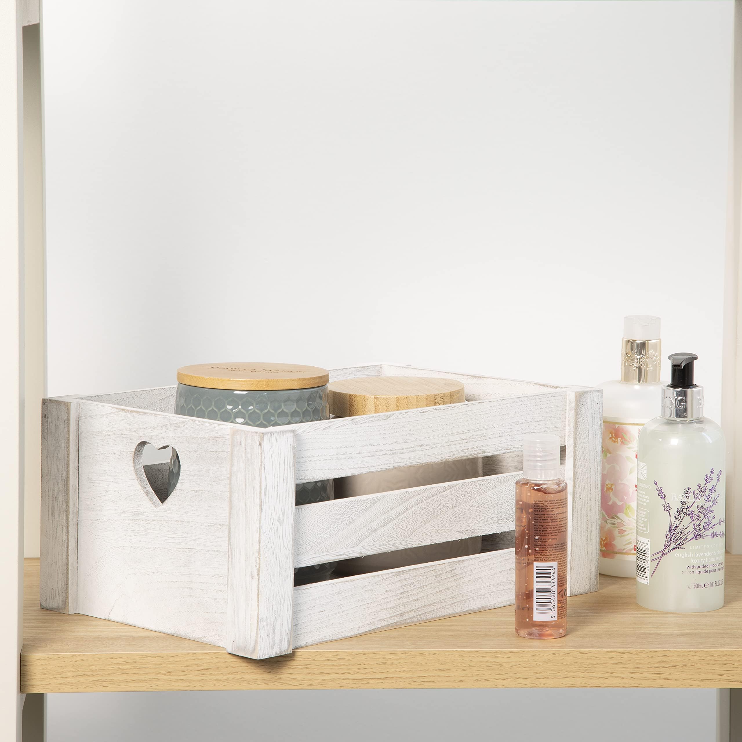 BASIC HOUSE Lovely Cutout Handle Vintage Wooden Crates Storage Tray Rack Shelves (Small)