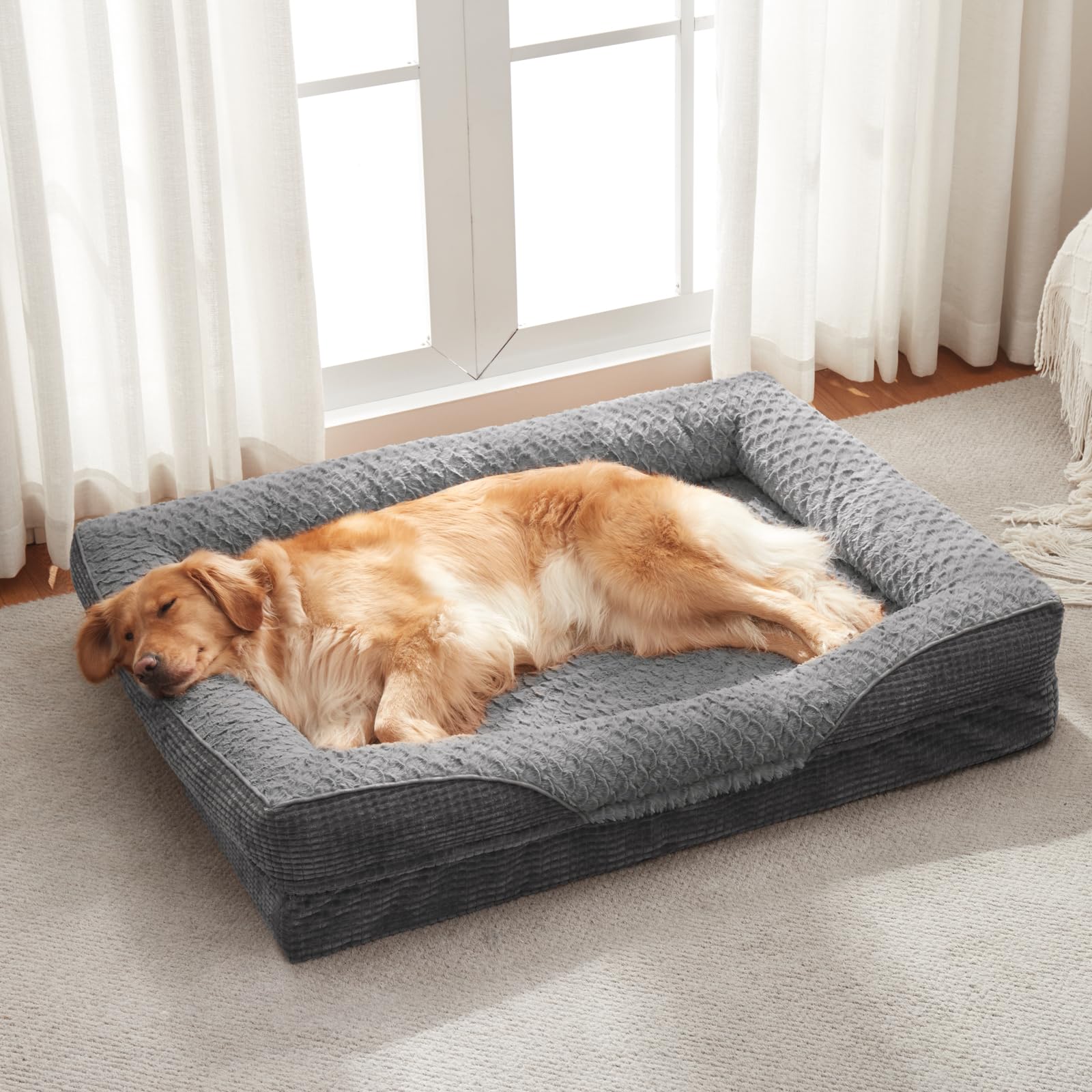 FURTIME Large Dog Bed Orthopedic Memory Foam Bed(90lbs), Dark Gray with Particle Memory Sponge High Edge, Orthopedic Dog Bed for Pain Relief & Healthy Sleep, Pet Sofa, 89x64x18cm