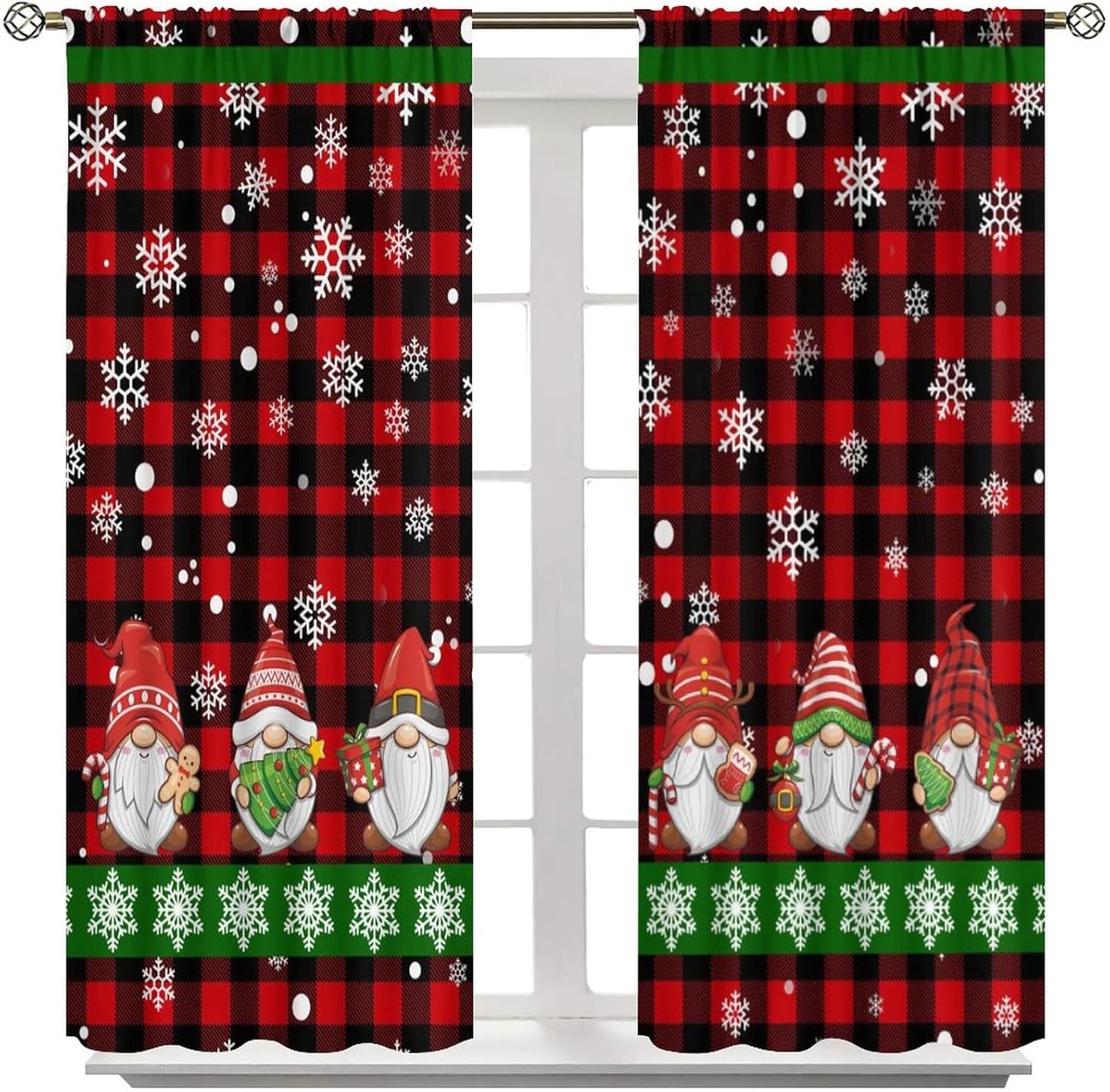 Winter Merry Christmas Blackout Curtains - Red Black Plaid Farmhouse Holiday Gnomes Snowflake Rod Pocket Window Treatment Set Energy Saving Thermal Insulated Drapes,2 Panels 63L x 36W