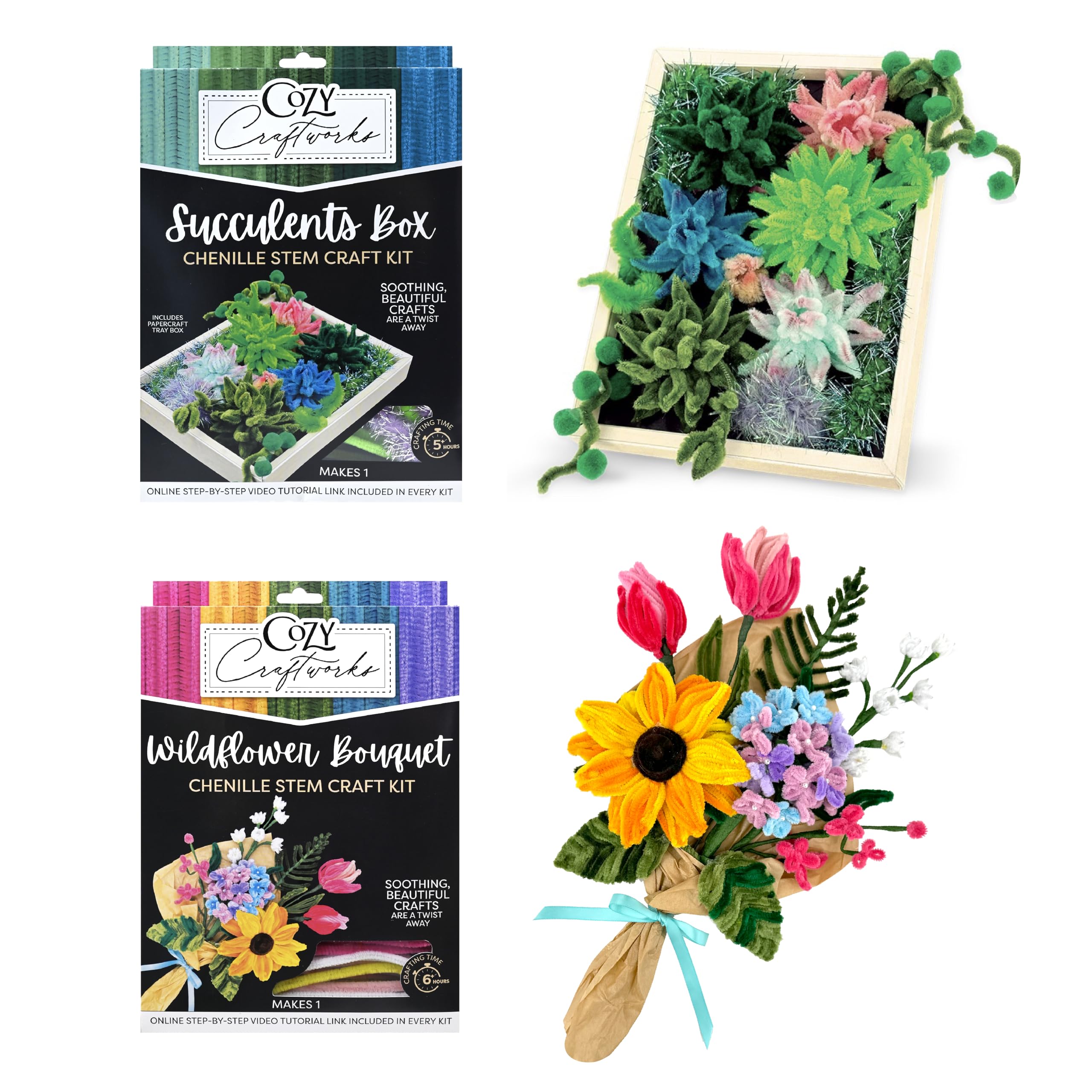 WeVeel Cozy Craftworks Chenille Stem Flower & Succulent Craft Kit for Adults – Create a Wildflower Bouquet and Succulent Box Garden – Relaxing DIY