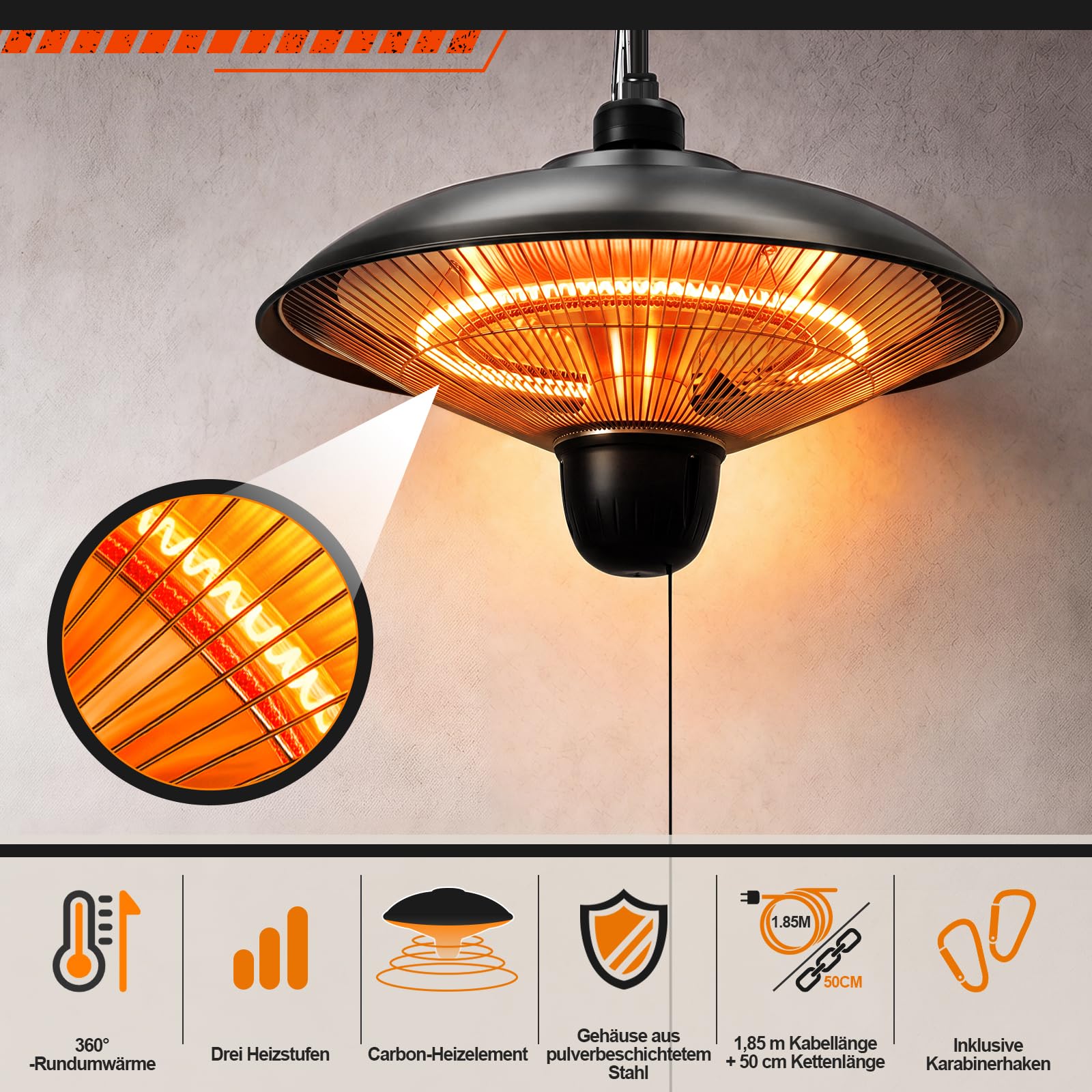 Stufa da esterni da 1800 W, per terrazza, sospesa, colore nero | Stufa elettrica da terrazza sospesa con 3 livelli di potenza, per terrazze, balconi e ambienti esterni coperti