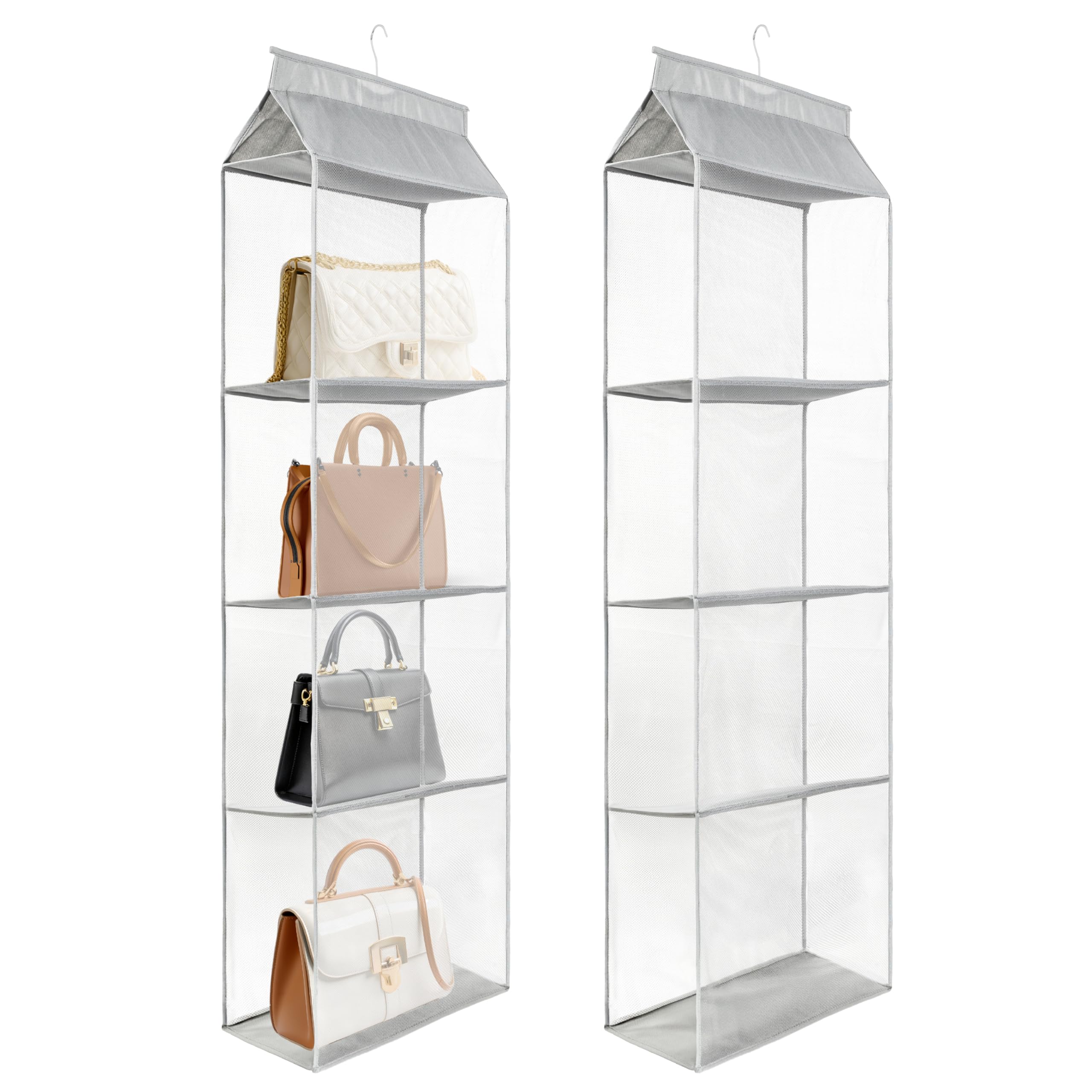 F&D Home Organizzatore Armadio per Borse, in Tessuto Non Tessuto e Rete, Grigio, 110x40x16 cm, Porta Borse da Armadio Salvaspazio Set da 2