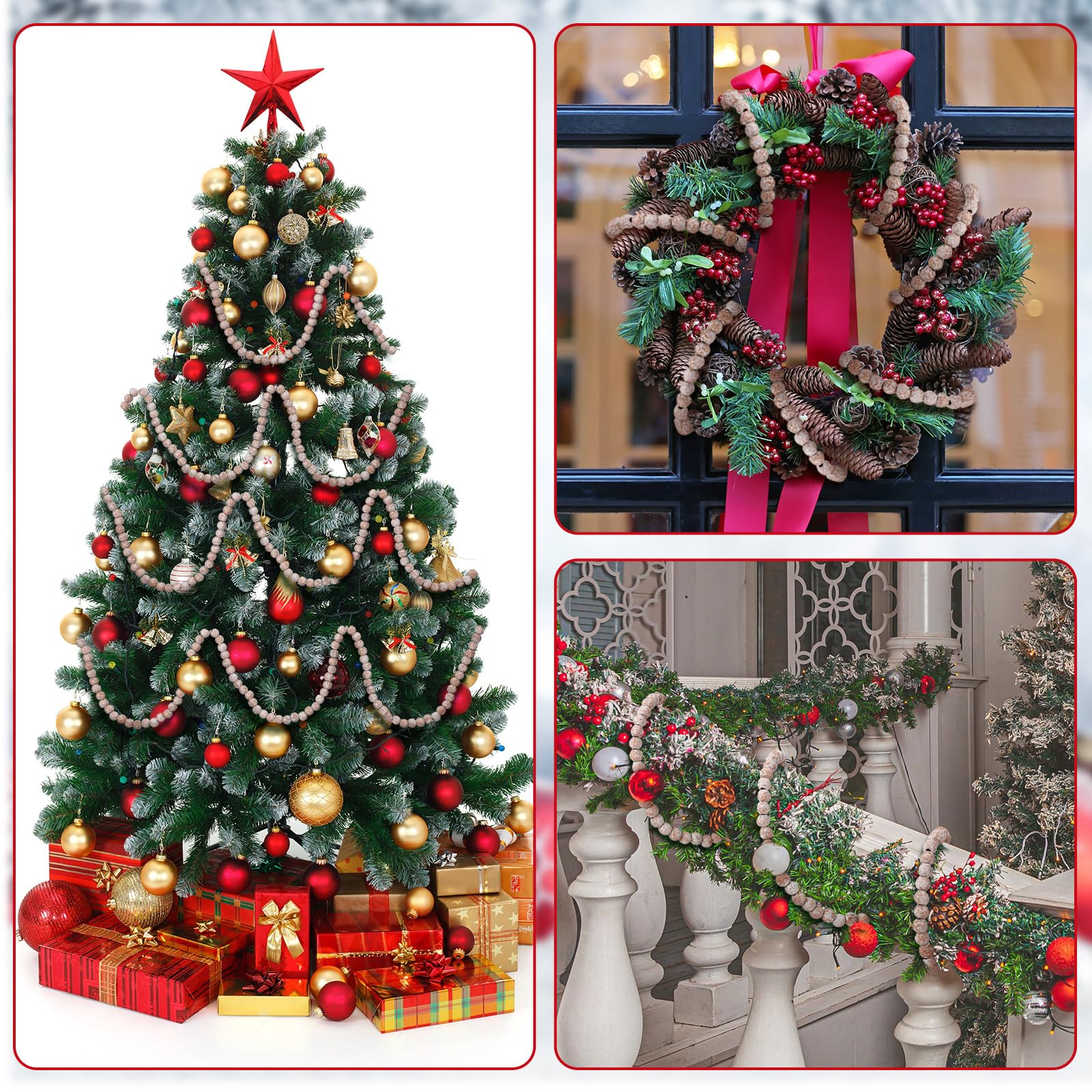 2 Stück 5,5 m Weihnachts-Holzperlen-Girlande, Vintage, natürliche Holzperlen, Girlande, dekorativ, rustikal, Urlaub, Weihnachtsbaum, Girlande, Landhaus, Weihnachtsdekoration für den Innen- und