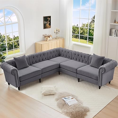 Vista 14 de LEVNARY Sofá Seccional Chesterfield en Forma de L de 98" x 98", Sofá de Tela Similar al Lino de 5 Asientos con Brazos Enrollados, Sofá de Esquina