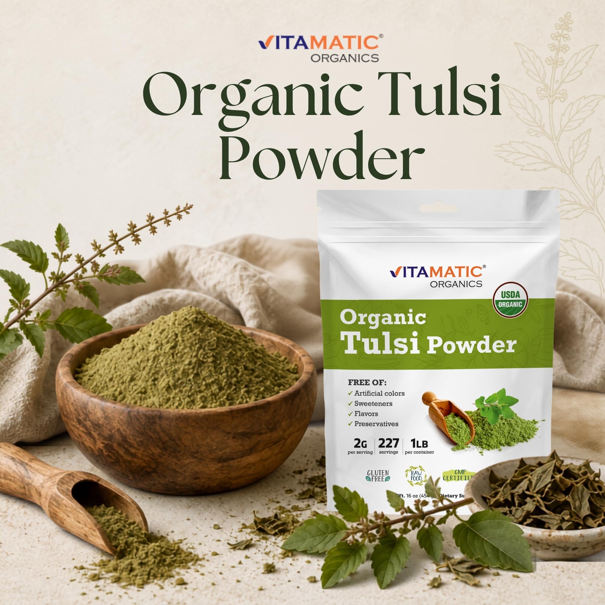 Vitamatic Certified USDA Organic Tulsi (Holy Basil) Powder – 1 Pound (16 Ounces) – Adaptogenic Herb for Stress, Immunity & Overall Wellness — Amazon image 6