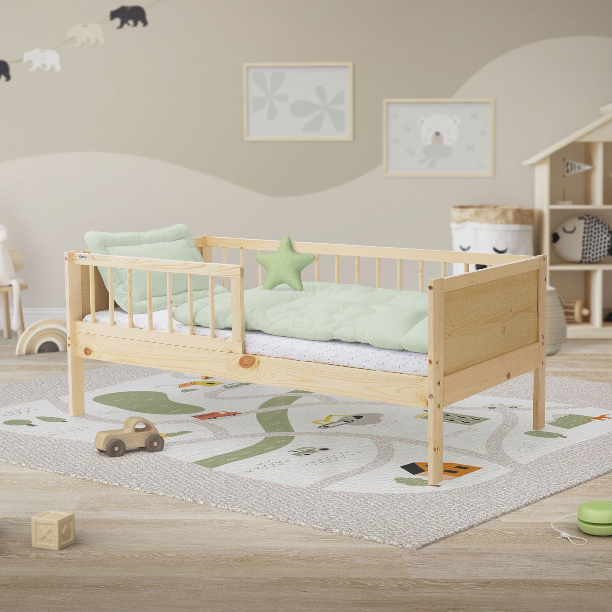 ML-Design Cama Infantil Individual Natural(Beige) 70x140cm Madera de Pino Maciza con Somier de Láminas y Protección Anticaída Diseño Creativo Estructura Robusta Mueble de Dormitorio para Niños/Bebés