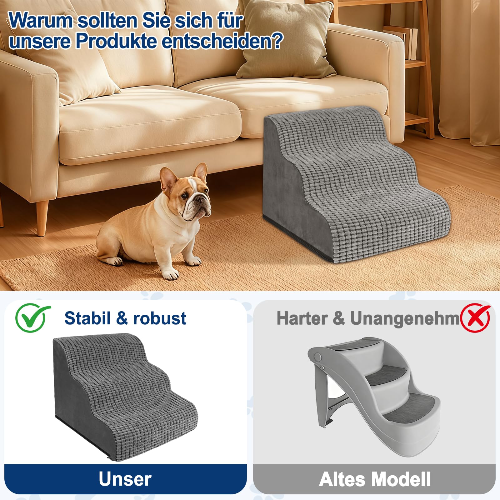 Hundetreppe für Kleine Hunde 40 cm Hoch, 3 Stufen Haustiertreppe für Bett und Sofa, Hunde Treppe Hunderampe mit Waschbarem Bezug und Rutschfestem Boden, Hochdichtem Schwamm 57x40x40cm, Grau