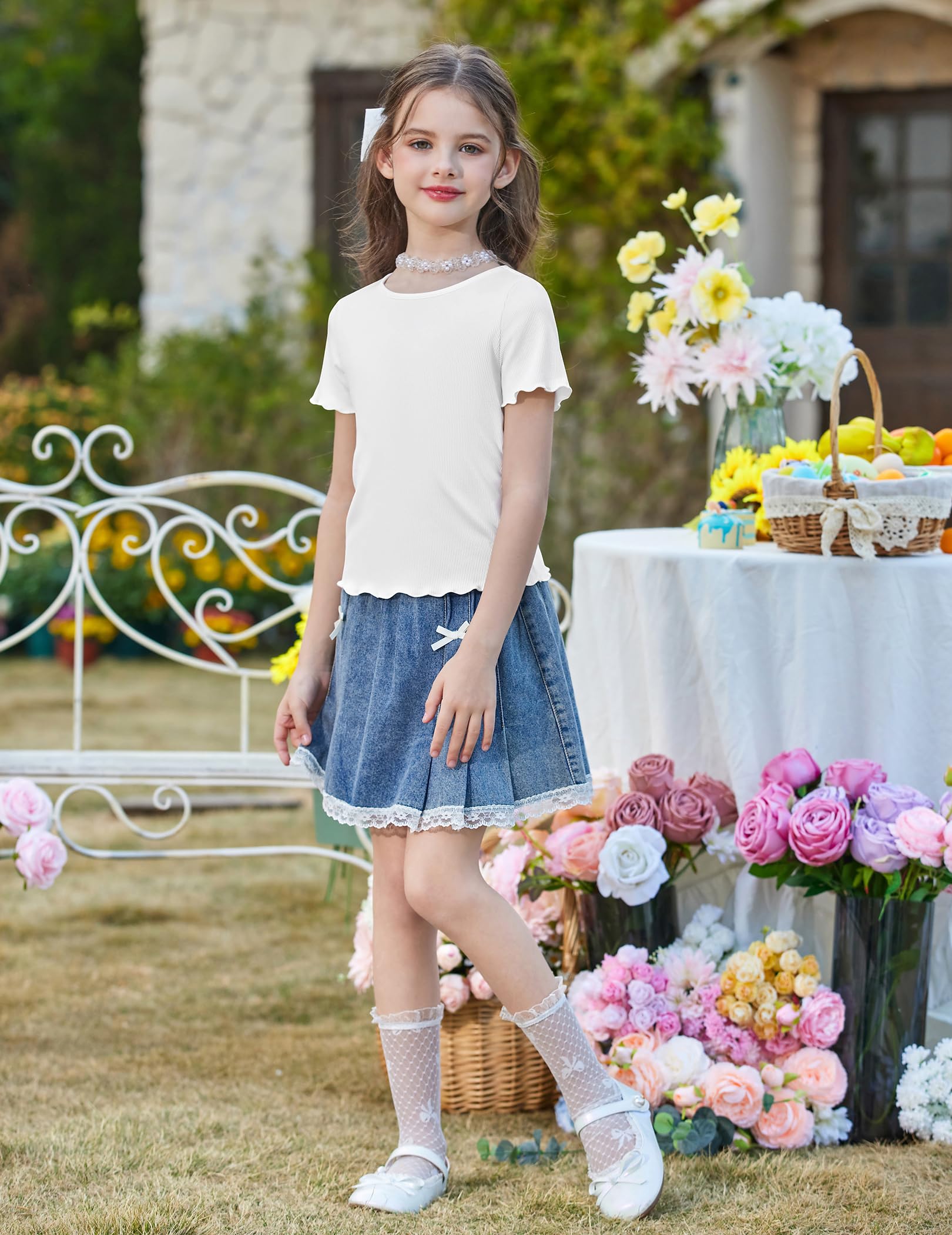 Arshiner Tshirt Mädchen Strickshirt Kurzarm Gestrickt Oberteil Dünn Kinder Sommer Rundhals Rüschen Tops T-Shirts 5-12 Jahre - 4