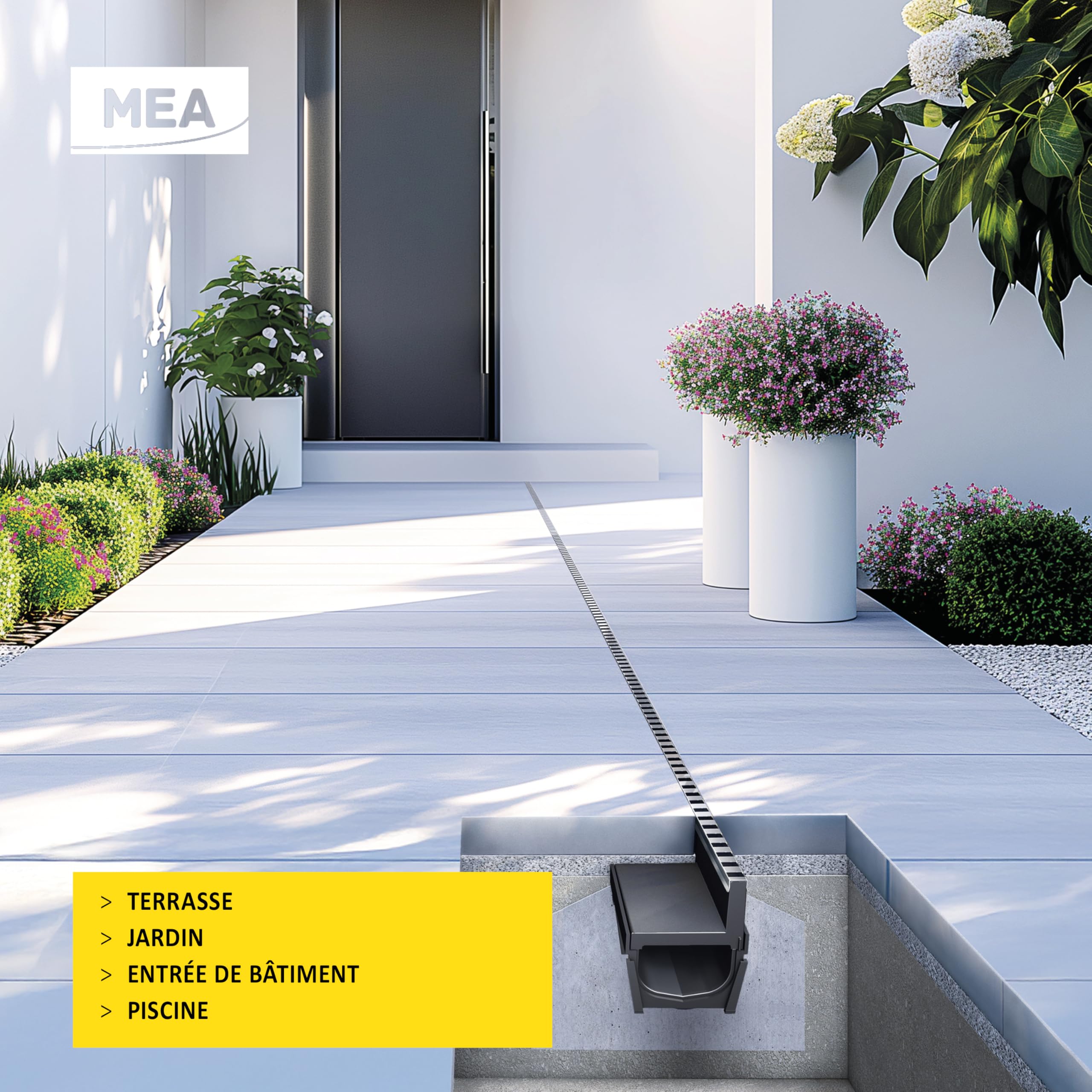 MEA Caniveau Extérieur MEAPARK 1 m – Grille à Fente en PP Recyclé + Profil E-Blade L en INOX – Drainage Terrasse, Piscine, Jardin – Classe A15 Piéton – Largeur utile 10 cm