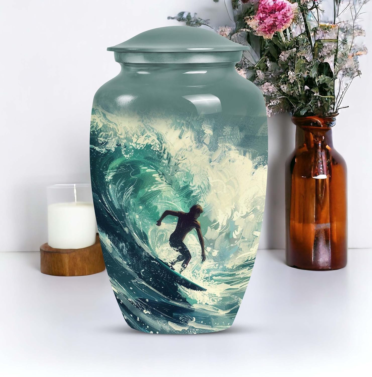 Urn for Ashes Adult Male, Urn for Ashes for Women, Surfing The Storm, Cremation Urn Human Ashes, Combo of 1 Large Urn with Velvet Bag and 4 Small Urns for Ashes, Urns for Human Ashes Adult Man