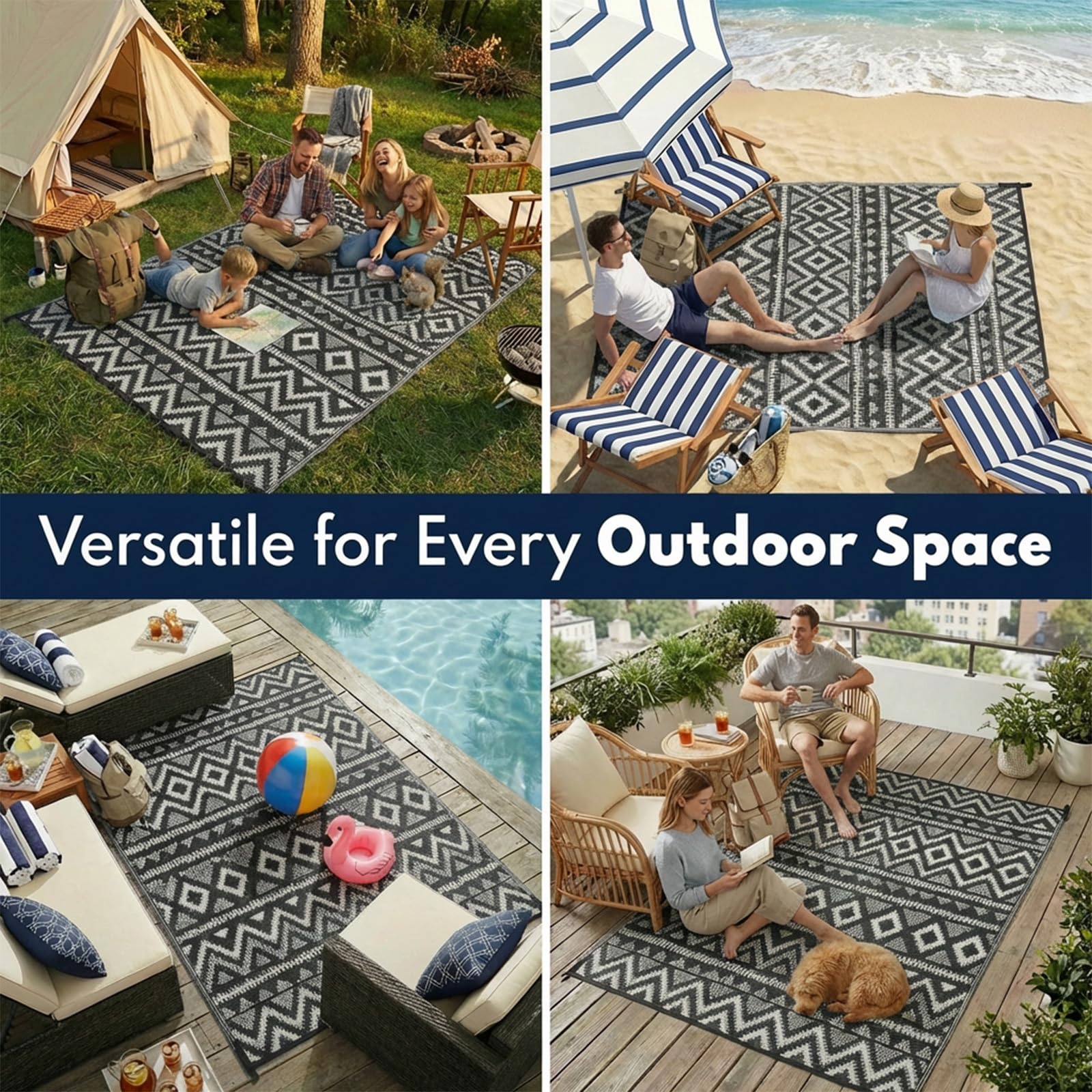 Tapis d'extérieur imperméable, 1,5 x 2,4 m, Tapis réversible en Paille en Plastique, Facile à Nettoyer, Tapis Portable pour Patio, Camping-Car, terrasse, Balcon, Jardin, Pique-Nique, Plage, Diamant