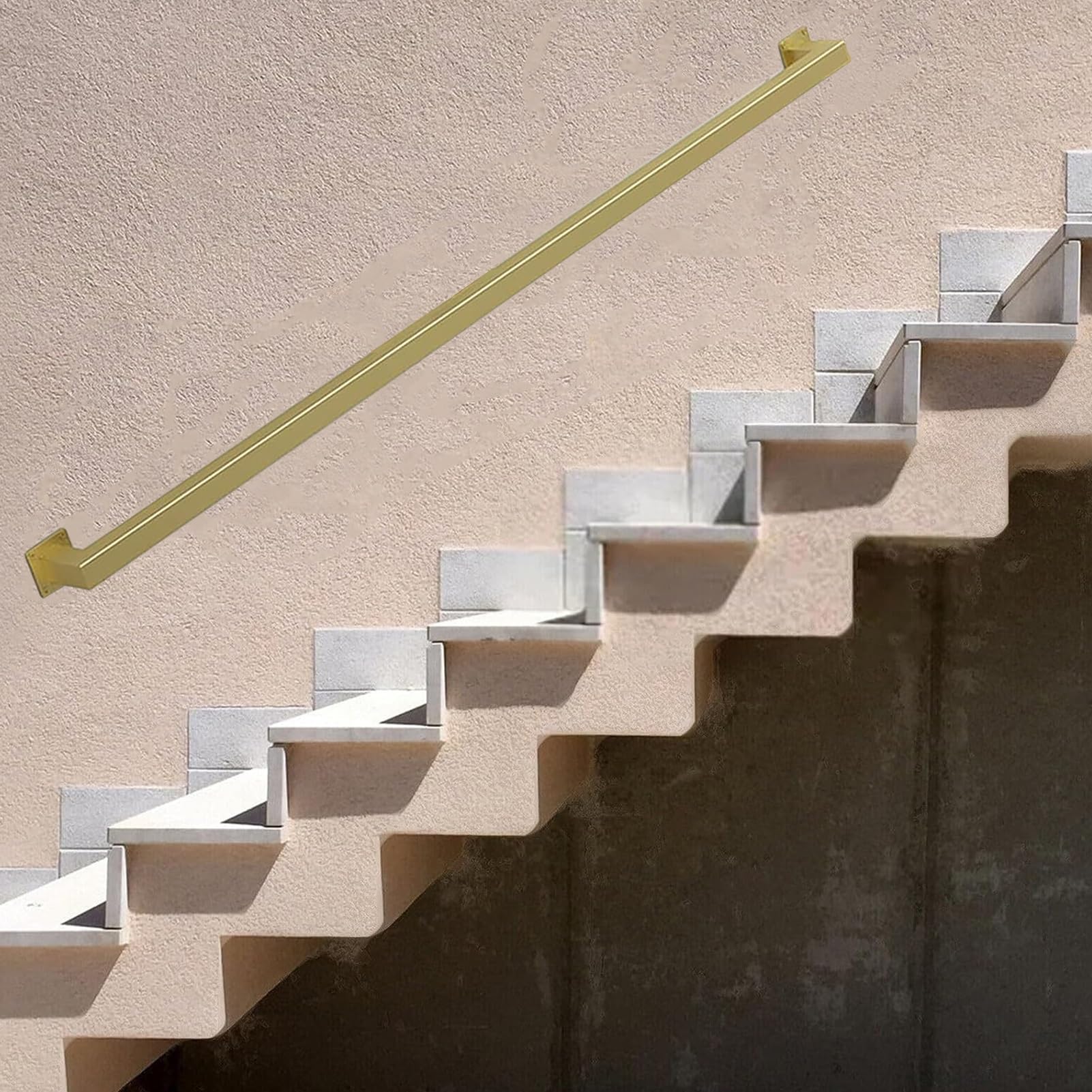 Attrex Gold Stair Handrail Wall Mounted Banister Safety Hand Railing Non-Slip Steel Pipe Balustrade Indoor Outdoor Industrial Pipe Towel Rail Wrought Iron Wall Support Rod(,5Ft/150Cm)