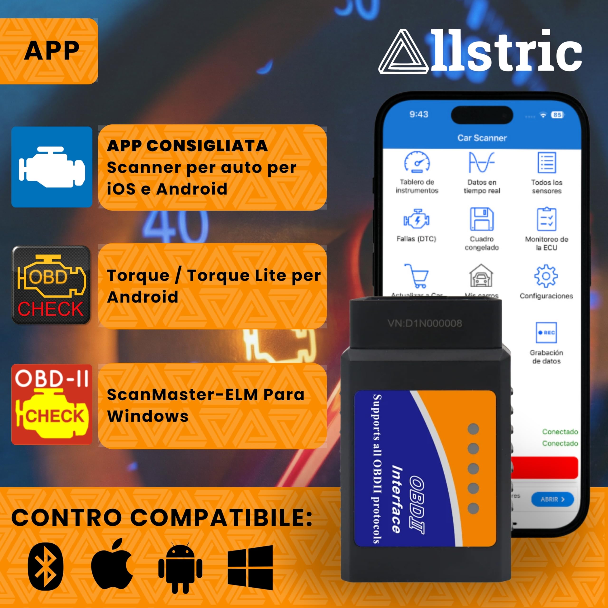 OBD2 Auto Diagnostica Bluetooth per iOS, Android e Windows. Scanner OBD2 per Auto Multimarca dal 1996. Lettore Diagnosi Auto Professionale in Italiano. OBD2 Bluetooth per Guasti Motore.