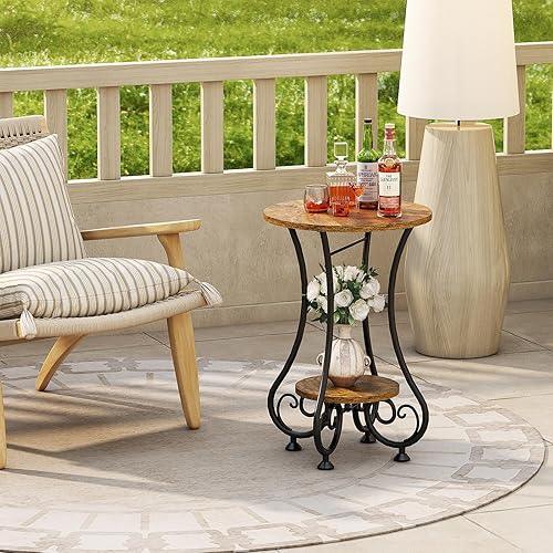 Miniatura 29 de Mesa auxiliar, pequeña mesa auxiliar redonda para espacios pequeños, mesita de noche redonda con marco de metal, mesa auxiliar para sofá, mesa de