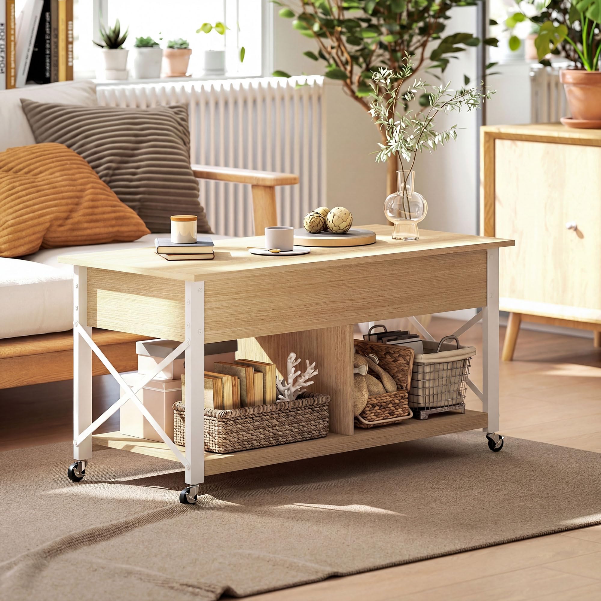 HOMCOM Mesa de Centro Elevable con Ruedas 105x50x67 cm Natural y Blanco | Mesita de Salón con Compartimento Oculto, Estantes Abiertos, Mesa de Café para Comedor, Oficina
