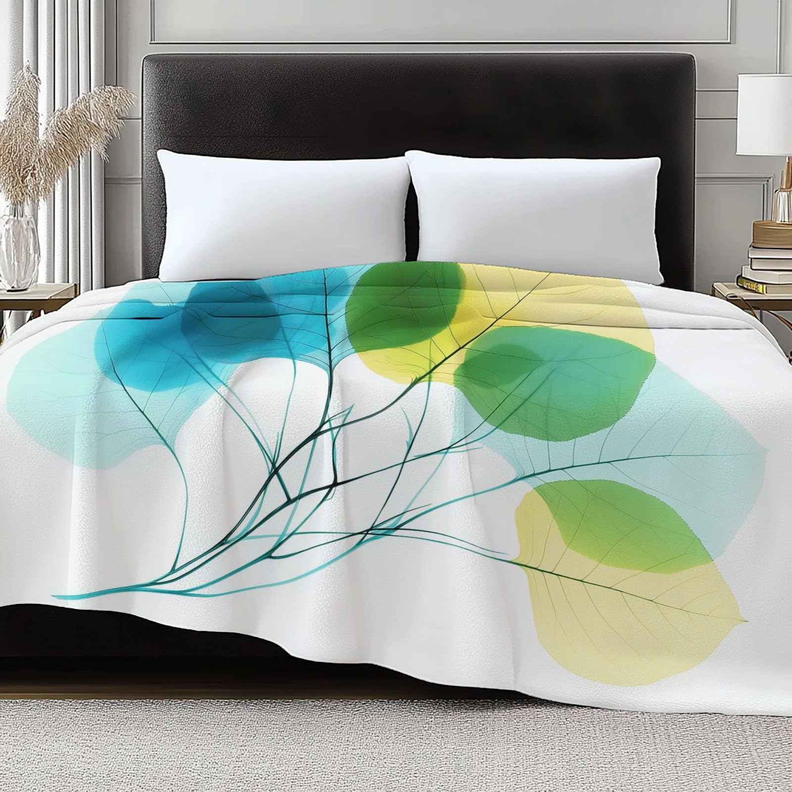 Flanelowy koc 180 x 220 cm minimalizm liście topoli przezroczyste puszyste kolory ciepły koc polarowy, lekkie białe koce na cały sezon do podróży, na sofę