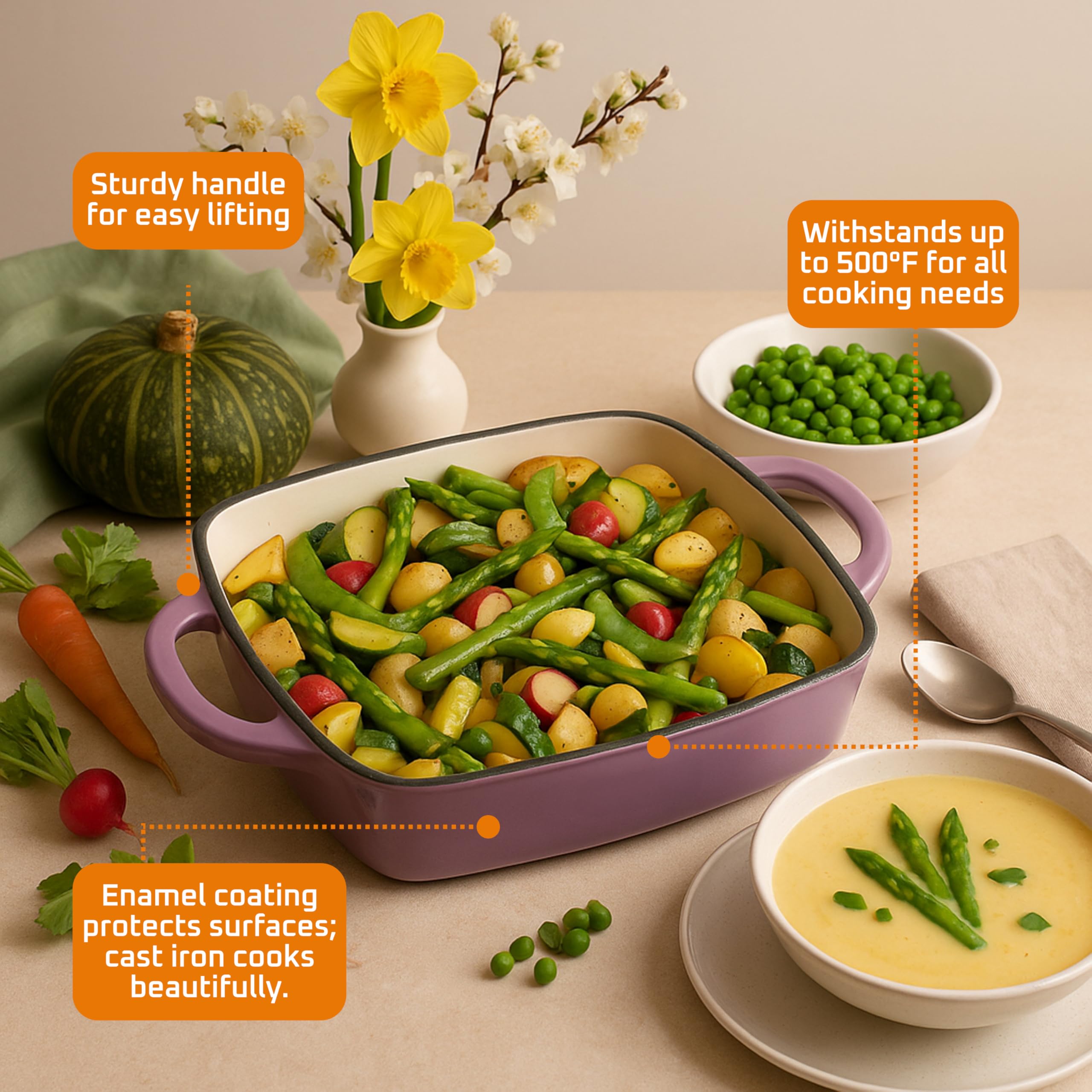 Bruntmor 2-in-1 Square Enamel Cast Iron Dutch Oven Baking Pan with Handles,  Purple Baking Pans Set with Cast Iron Skillet, Braising Pan for Casserole