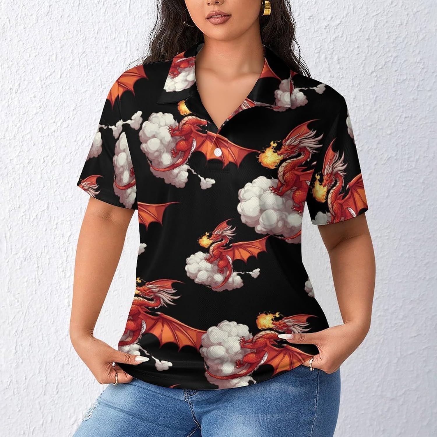 Dragon Breathes Fire Womens Golf Polo Shirts Summer Short Sleeve Collared 3 Buttons T Shirt Activewear Tops