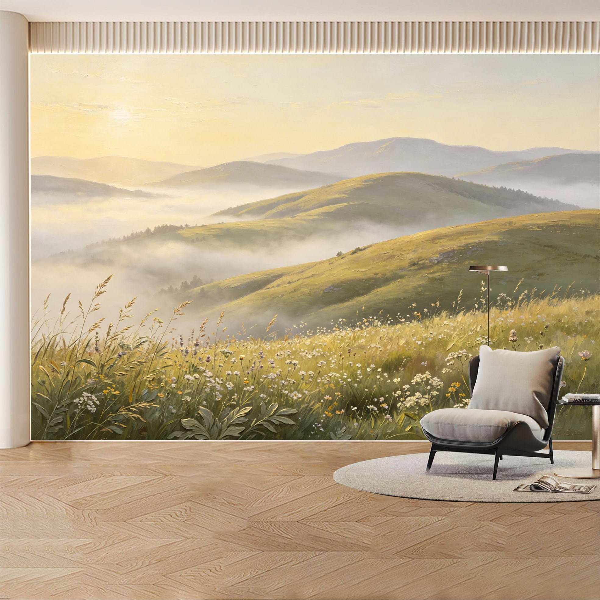 Custom Wall Mural Wallpaper Mountain Meadow Landscape， Nature， Wall Decor， Large Wall Art， Misty， Sunset Removable SelfAdhesive Large Photo for Living Room， Bedroom， Office